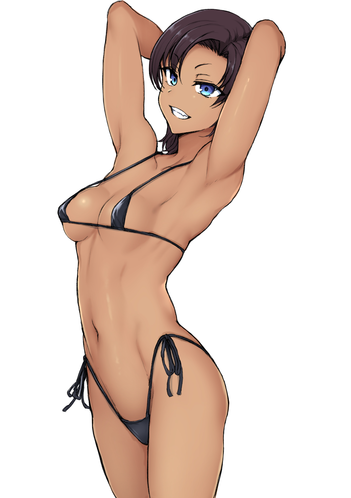 1girls, aiue oka, armpits, arms behind head, bikini, black bikini, black hair, blue eyes, breasts, collarbone, commentary request, covered erect nipples, female, grin, highres, hinata sae, ijirare ~fukushuu saimin~, looking at viewer, medium breasts, navel, short hair, side-tie bikini bottom, smile, solo, string bikini, swimsuit, tan, white background