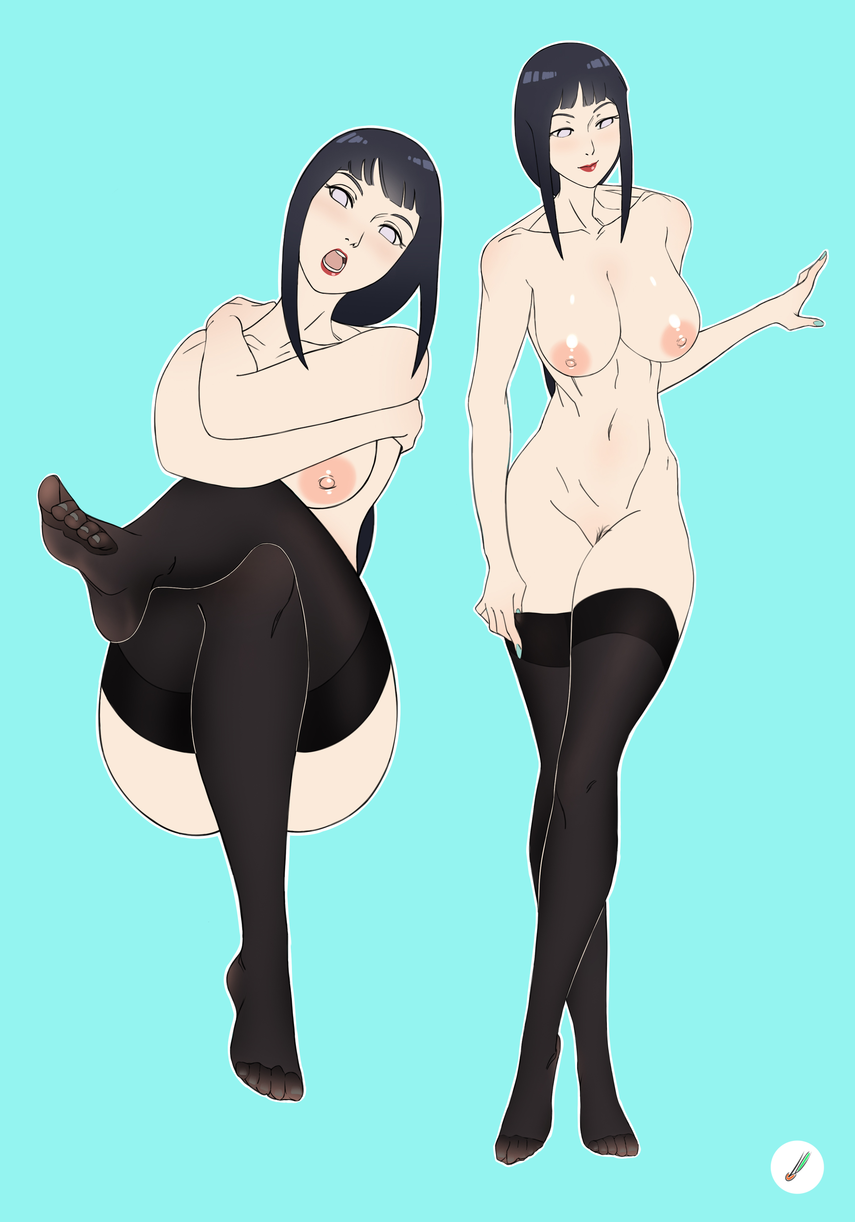 big breasts, black hair, breasts, feet, feet up, female, foot focus, gwessuu, hyuuga hinata, hyuuga hinata (naruto: road to ninja), naruto, naruto (series), naruto shippuden, naruto: road to ninja, red lipstick, soles, solo female, stockings, toes
