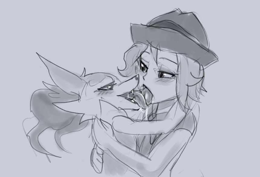 1girls, ambiguous gender, braixen, canine, eye contact, female, female/ambiguous, fox, french kiss, furry, game freak, half-closed eyes, hat, human, interspecies, larger female, monochrome, nintendo, nude, pokémon (species), pokemon, pokemon (species), pokemon on female, pokemon xy, pokephilia, saliva, serena (pokemon), size difference, sketch, source request, tongue, tongue kiss, tongue out, ungulatr, wet