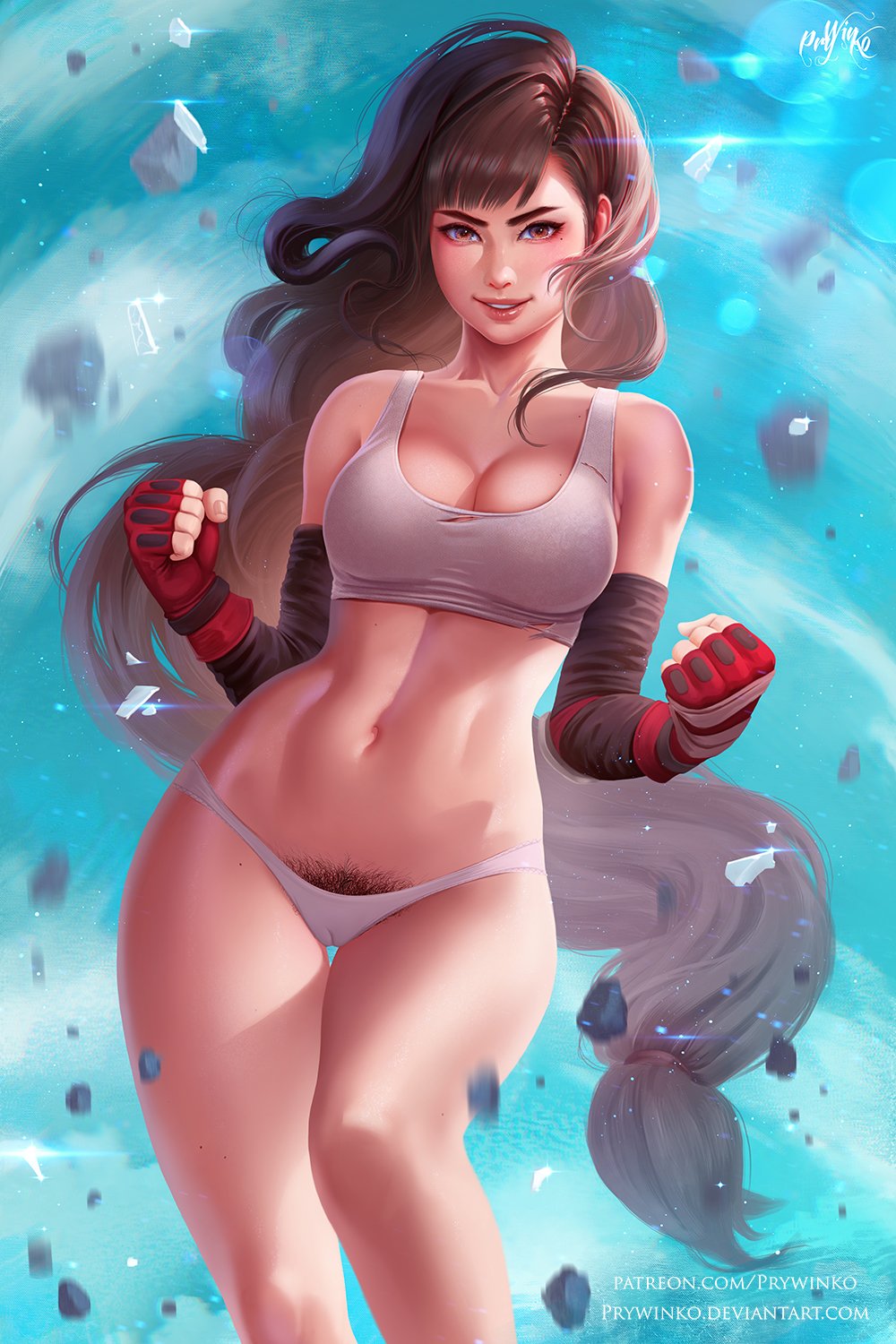 1girls, abs, big breasts, breasts, cleavage, female, final fantasy, final fantasy vii, large breasts, looking at viewer, panties, prywinko, pubic hair, pubic hair peek, solo, tifa lockhart