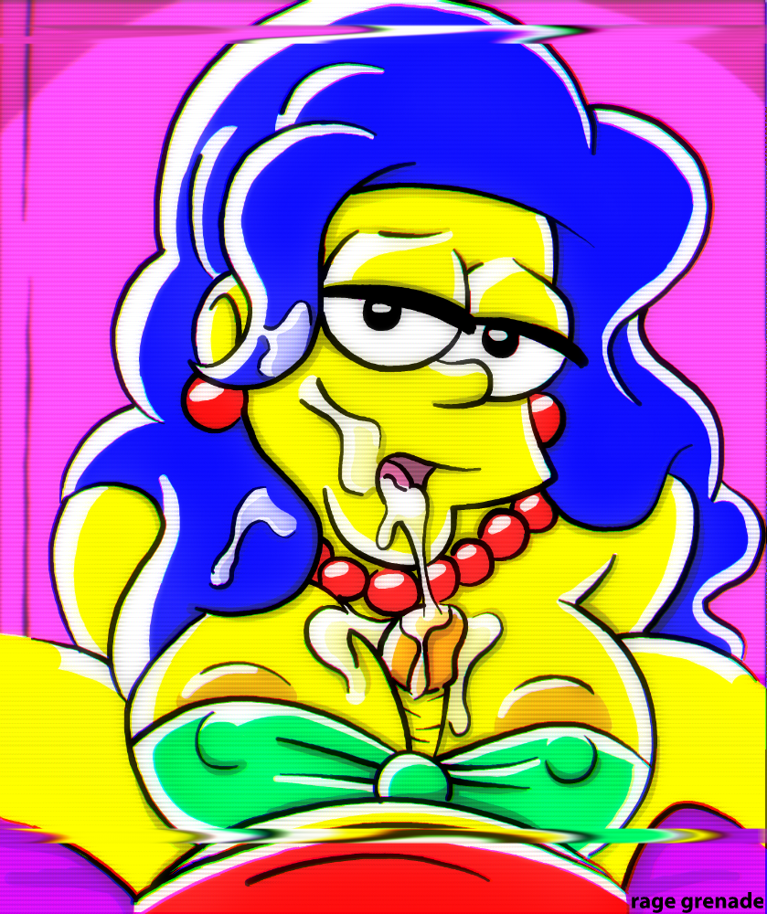 bart_simpson blowjob blue_hair breasts hair_down incest marge_simpson mother_and_son rage_grenade the_simpsons titjob vhs_filter