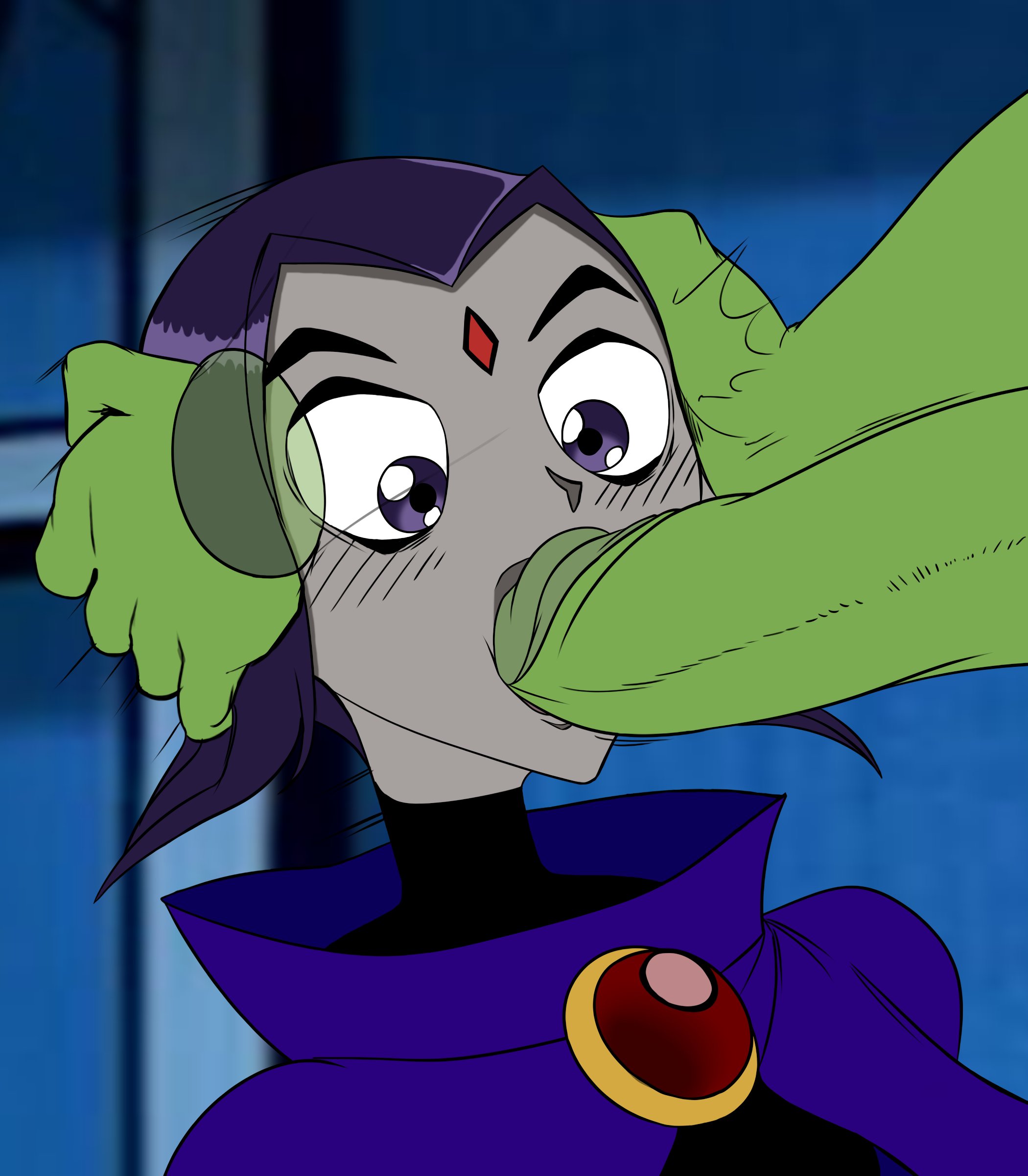 1girls, beast boy, dc, dc comics, faceless male, female, forced oral, goth, head grab, imminent oral, incogneato, long cock, male, mouthful, oral, pale skin, penis, purple hair, questionable consent, rachel roth, raven (dc), short bob, straight, surprised, swindle (artist), teen titans