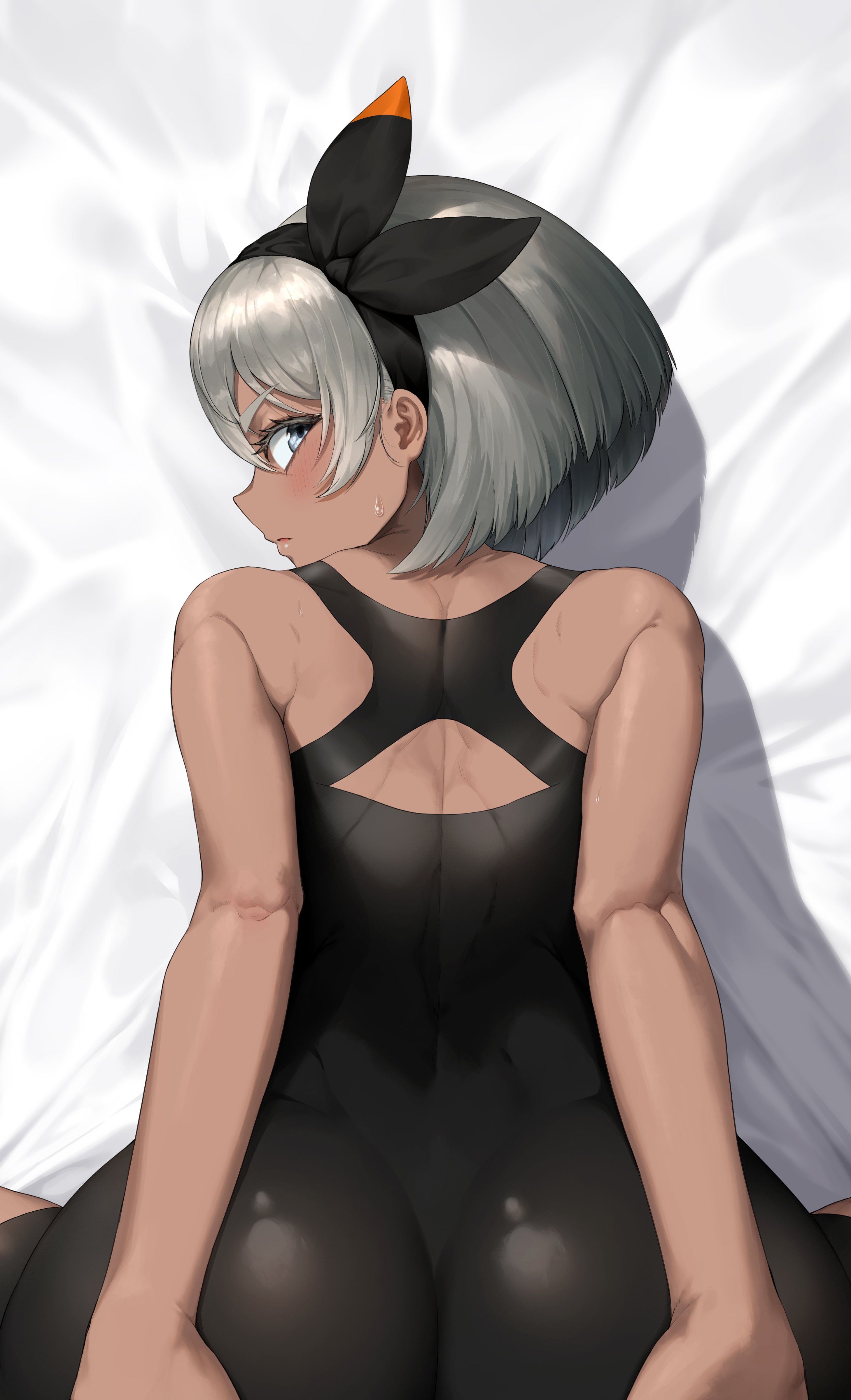 1girls, ass, ass grab, back, bea (pokemon), bed, blonde hair, blue eyes, blush, bodysuit, clothed, eye contact, female, from behind, grabbing own ass, greem bang, hairband, half-closed eyes, human, looking at viewer, nintendo, pokemon, pokemon ss, short hair, solo, sweat
