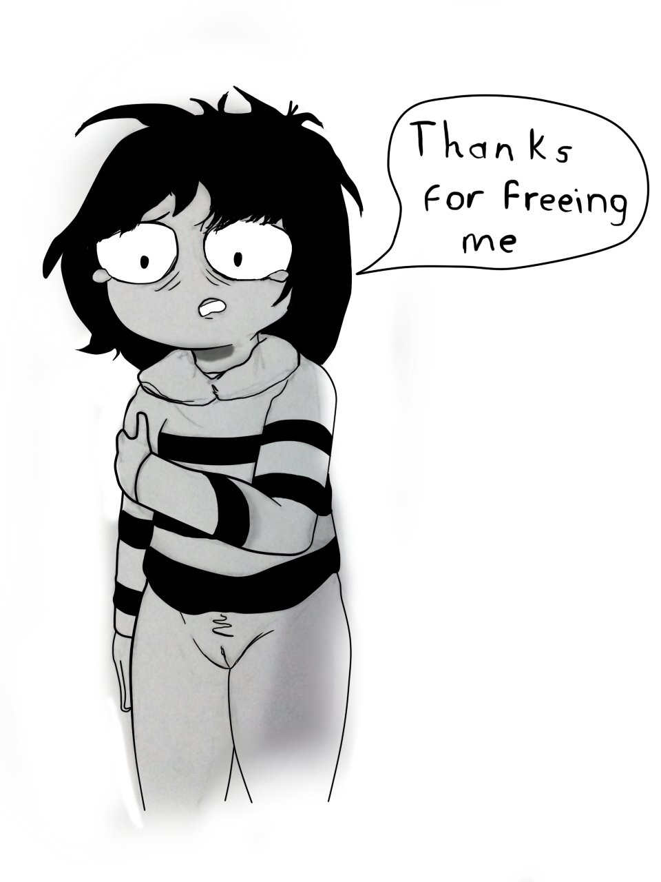 1girls appreciation black_hair bottomless english_text happy_ending hurt kanos sarah's_scribbles sarah_andersen speech_bubble striped_sweater tears