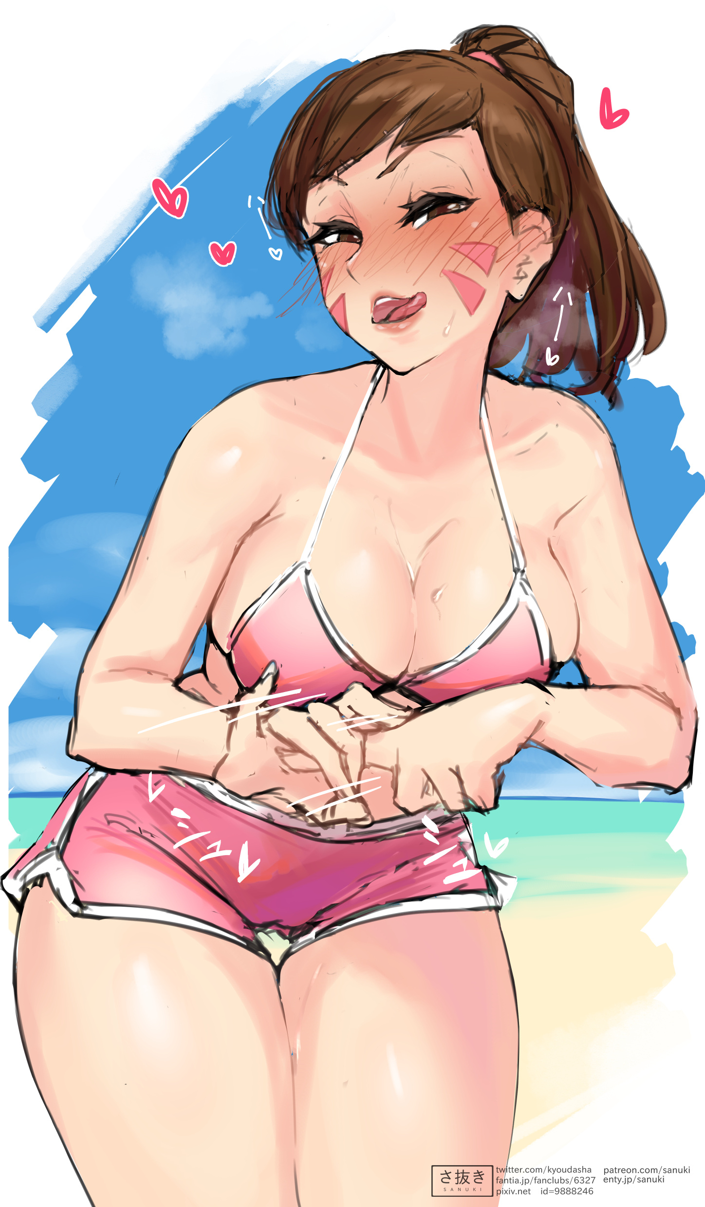1girls, 2d, alternate costume, big breasts, blush, breasts, cleavage, d.va, female, female only, large breasts, looking at viewer, overwatch, penetration gesture, sanuki (kyoudashya), sex gesture, solo, waveracer d.va