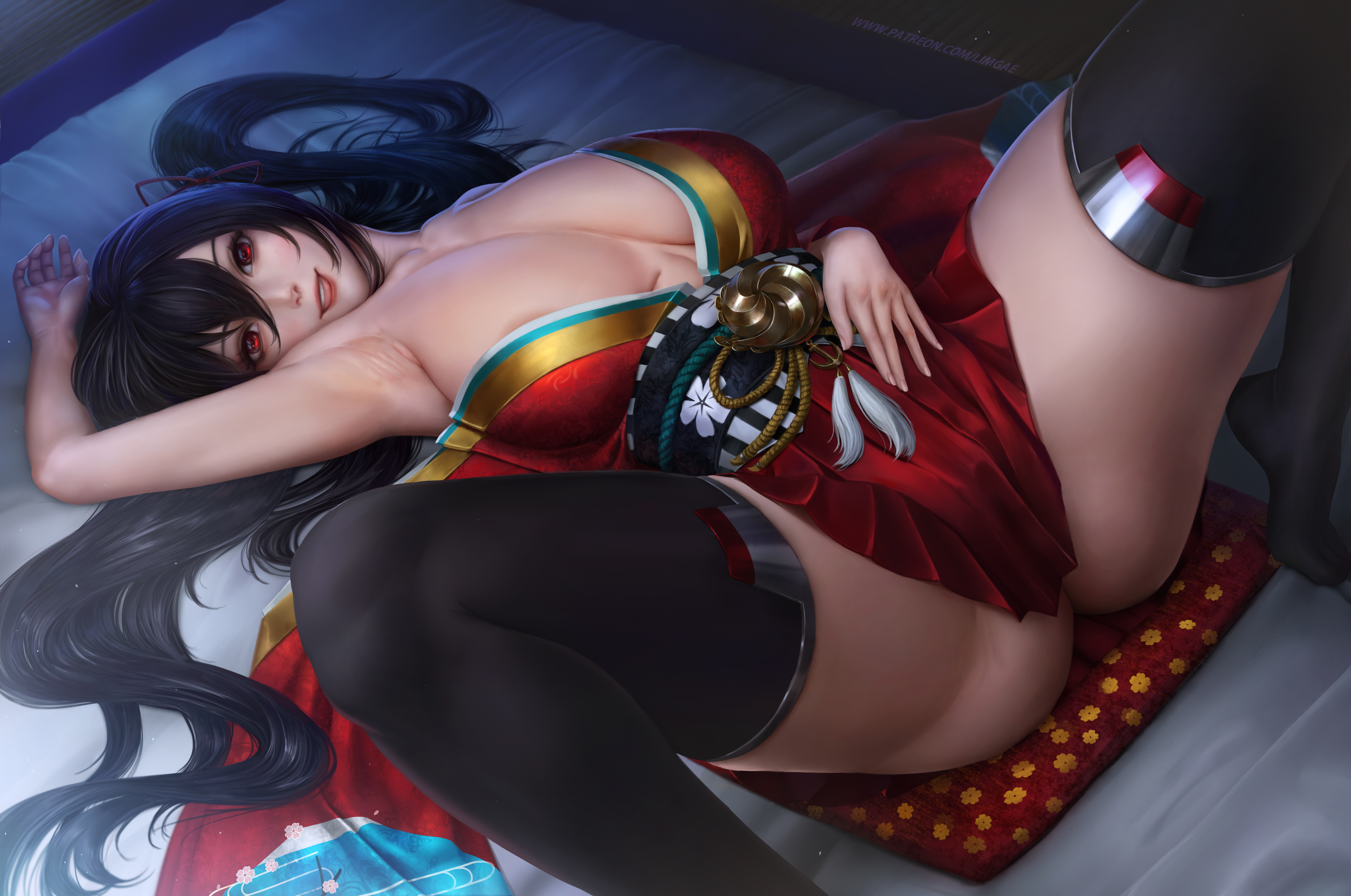 1girls, absurdres, armpits, ass, azur lane, black hair, black legwear, breasts, clothed, female, female only, hair ornament, hair ribbon, high resolution, highres, legwear, limgae, looking at viewer, on bed, open mouth, red eyes, smile, spread legs, taihou (azur lane), teeth, thighhighs, tights, tongue, upper teeth