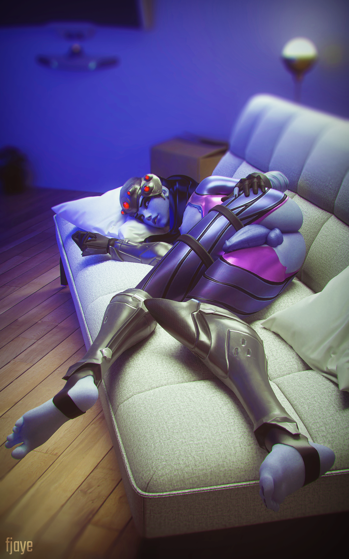 1girls, 3d, ass, dickgirl, feet, female, fjaye, futa only, futanari, headgear, high resolution, intersex, looking at viewer, naughty face, overwatch, presenting, purple toenails, smug, widowmaker