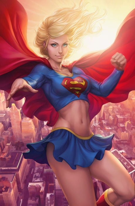 artgerm dc dc_comics female female_focus female_only fit fit_female flying kara_zor-el medium_breasts skinny skirt solo supergirl superheroine superman_(series) tight_clothing