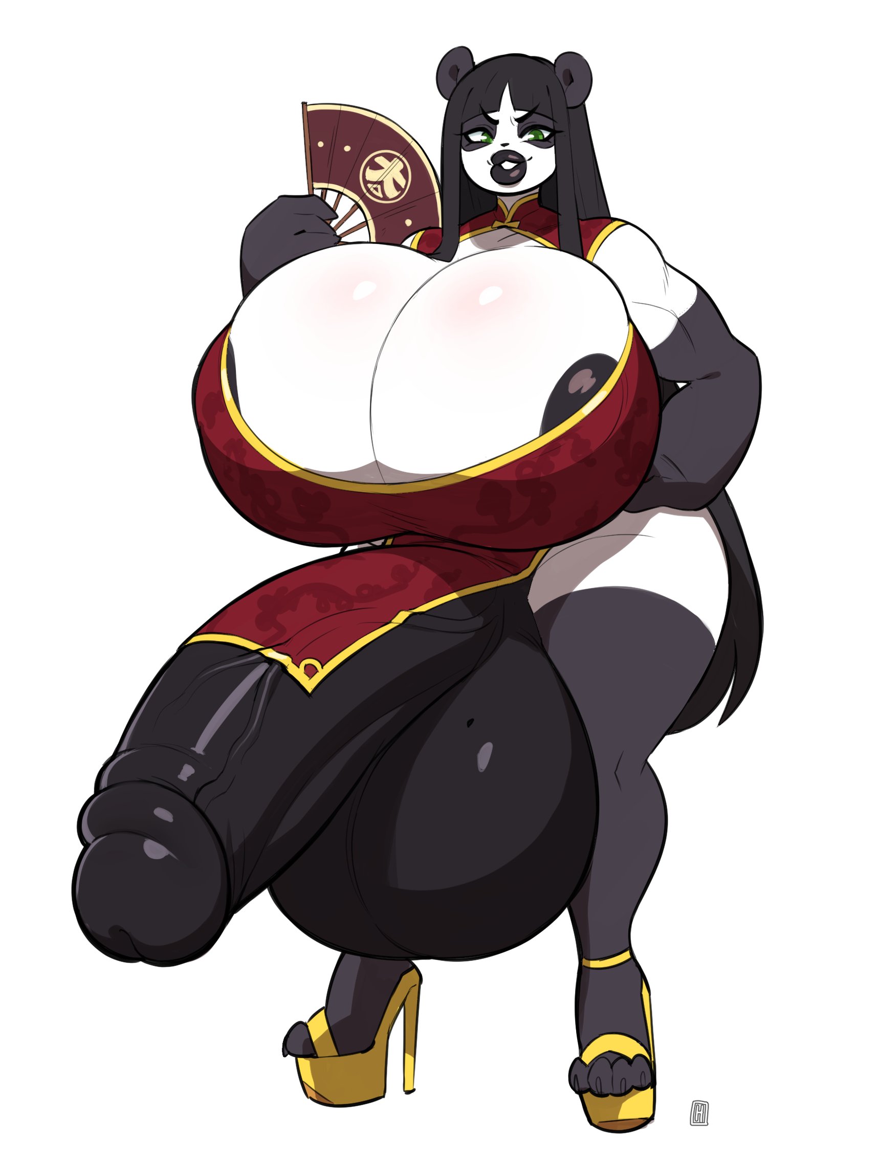 1futa, anthro, areolae, balls, breasts, cleavage, dickgirl, erection, furry, futa only, futanari, huge balls, huge testicles, hyper balls, hyper breasts, hyper penis, hyper testicles, intersex, looking at viewer, panda, penis, solo, solo futa, testicles, thehelmetguy