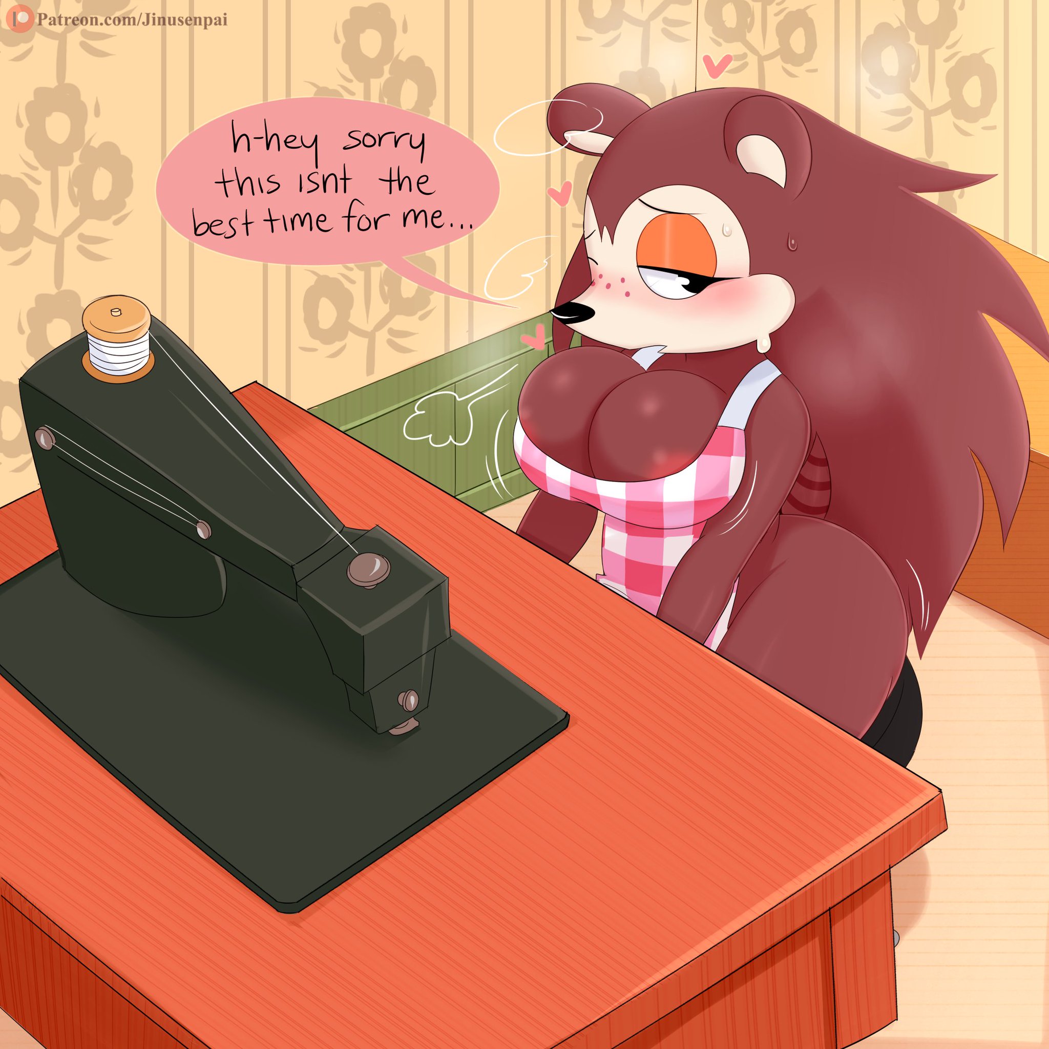 absurd res, animal crossing, anthro, apron, ass, big ass, big breasts, blush, breasts, brown fur, cleavage, clothed, female, female only, furry, half-closed eyes, highres, jinu, large ass, large breasts, long hair, looking at another, masturbation, nintendo, nipple slip, one eye closed, patreon, sable able, solo, sweat, tail, watermark