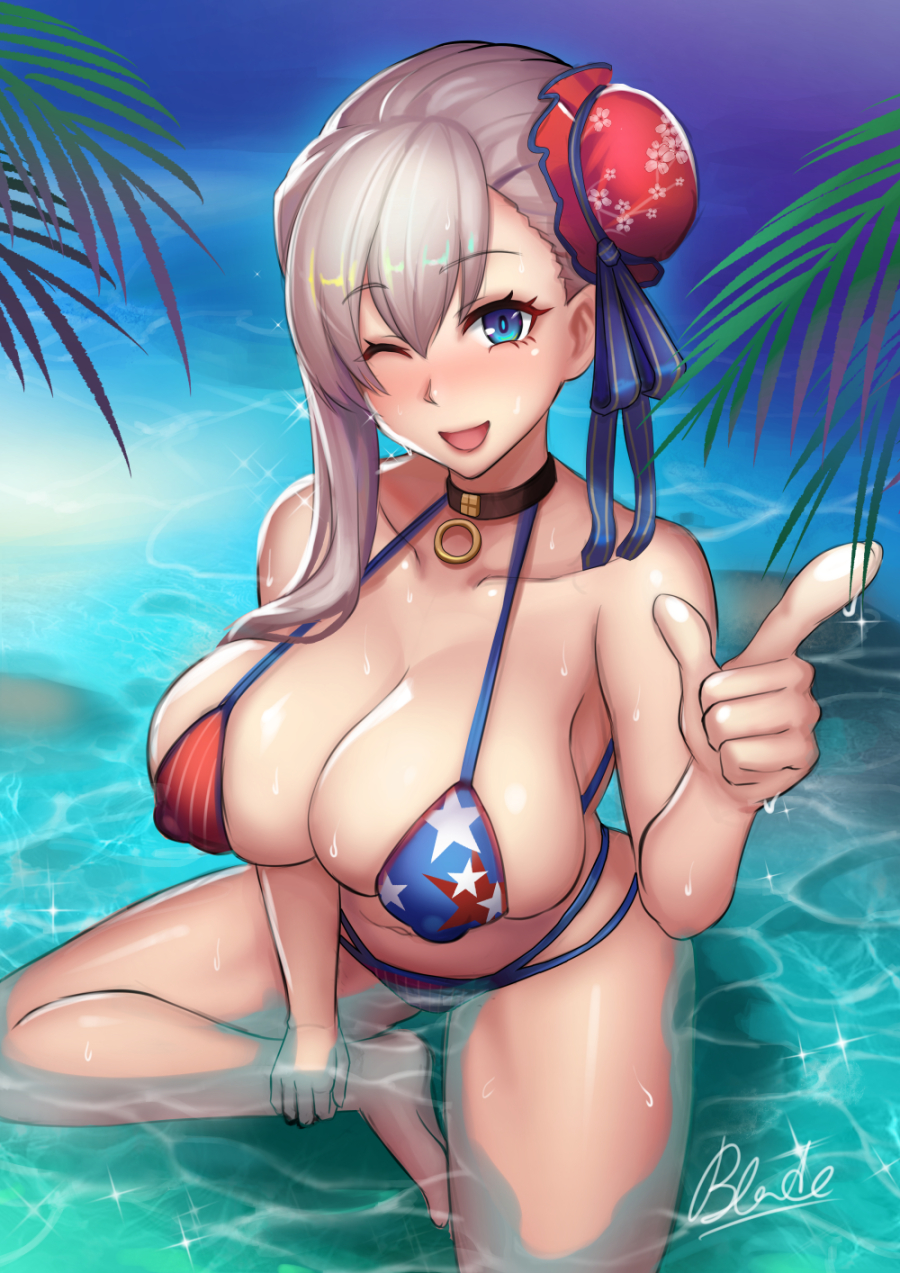 1girls, american flag, american flag bikini, blush, breasts, cleavage, fate (series), fate/grand order, female, female only, huge breasts, looking at viewer, miyamoto musashi (fate), miyamoto musashi (swimsuit berserker), open mouth, qblade, solo