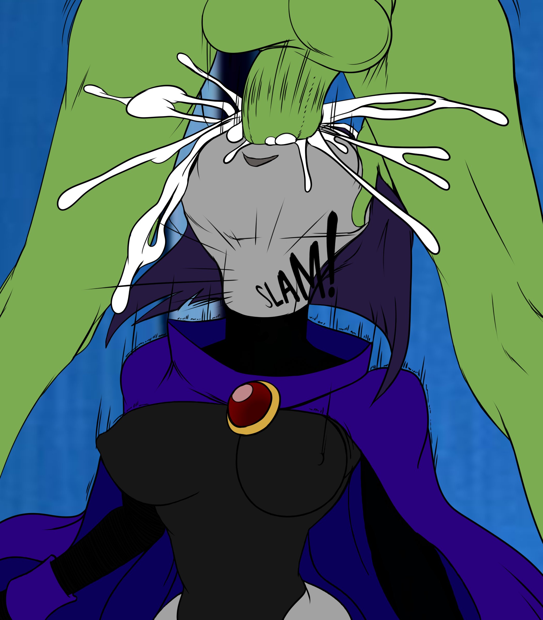 1boy, 1girls, beast boy, cum in mouth, dc, dc comics, deepthroat, fellatio, female, hetero, incogneato, male, oral, partial male, rachel roth, raven (dc), swindle (artist), teen titans