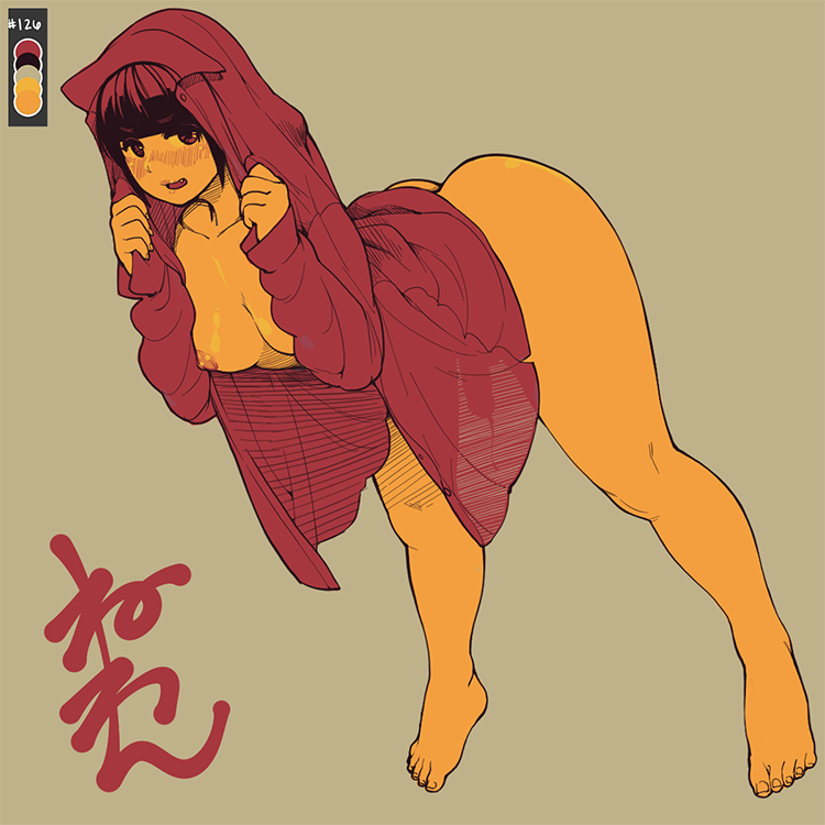 1futa, bangs, black hair, blunt bangs, blush, breasts, brown background, color guide, fang, futa only, futanari, intersex, leaning forward, limited palette, long sleeves, medium breasts, naked shirt, neone-x, nipples, open mouth, original, penis, red shirt, see-through, shirt, simple background, solo