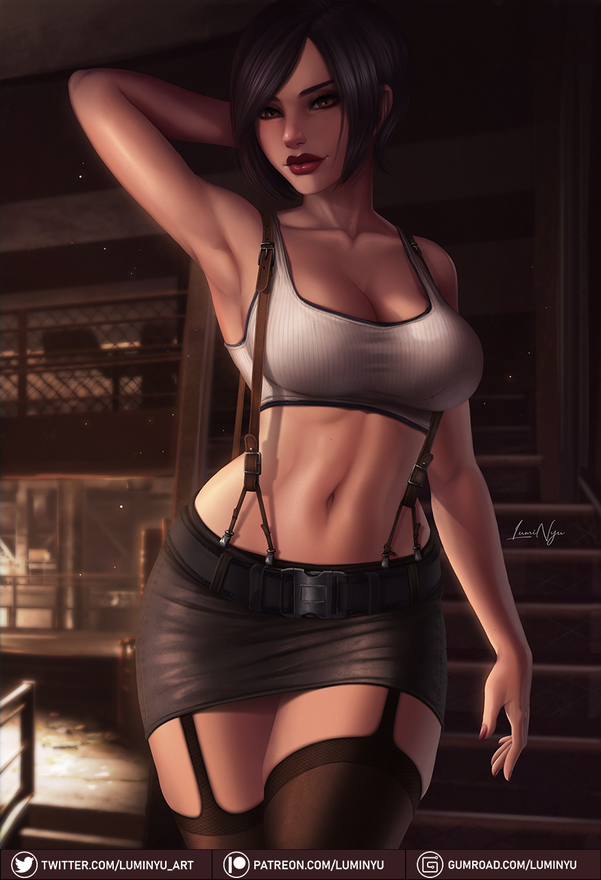 1girls, abs, ada wong, ada wong (adriana), alternate costume, beltskirt, big breasts, biohazard, black hair, breasts, brown eyes, capcom, cleavage, cosplay, curvaceous, curvy, female, female focus, female only, final fantasy, final fantasy vii, fully clothed, large breasts, lips, lipstick, luminyu, makeup, muscles, muscular, nail polish, nails, navel, pinup, red lipstick, resident evil, resident evil 2, short hair, skirt, solo, solo focus, square enix, tank top, thick thighs, thighhighs, thighs, tifa lockhart, tifa lockhart (cosplay), tight skirt, uncensored