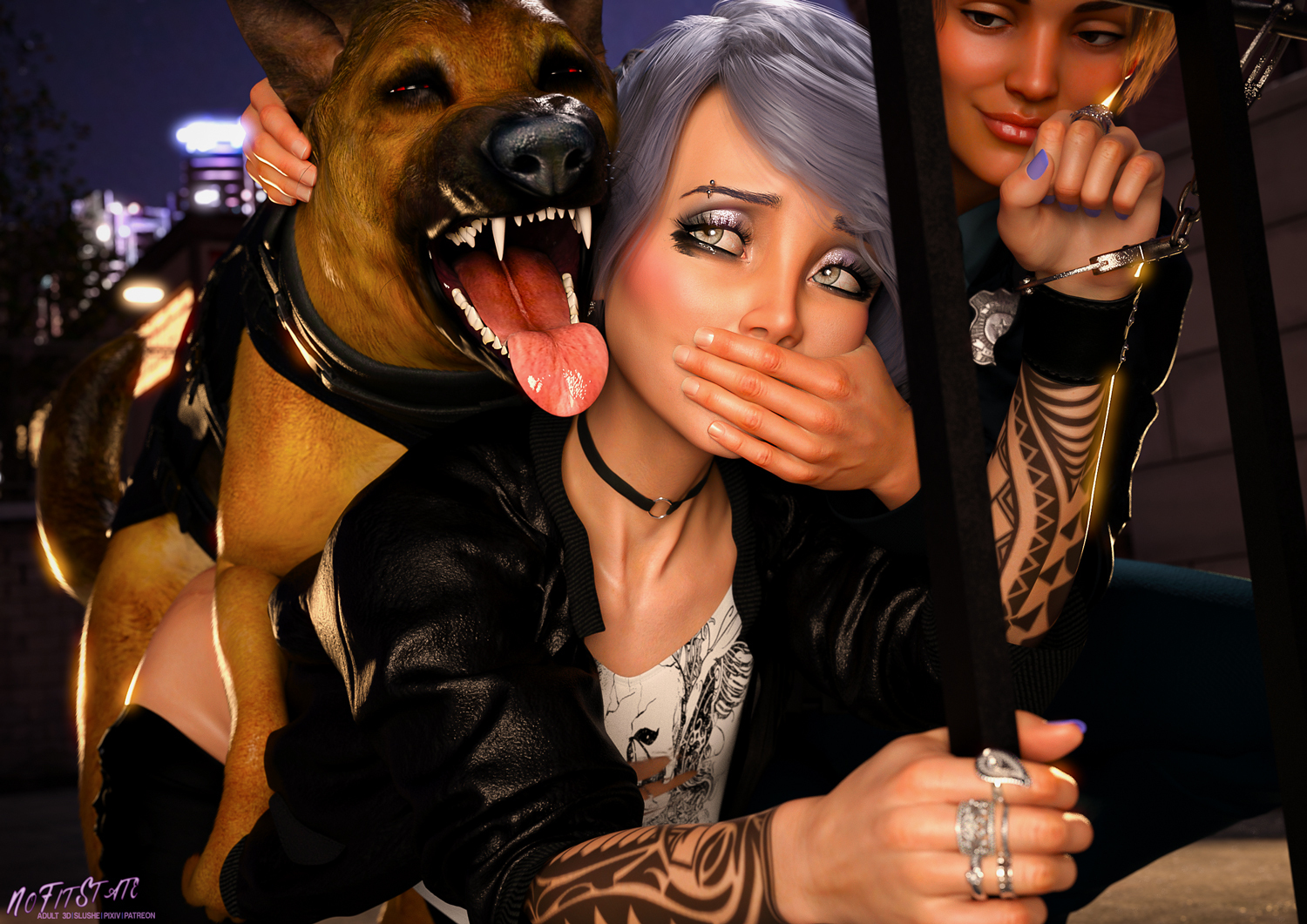 1boy, 2girls, 3d, assisted bestiality, assisted sex, blue eyes, canine, canine on human, choker, domestic dog, eyeshadow, female, female human/male feral, female on feral, feral, feral on female, feral on human, feral penetrating, feral penetrating human, from behind, fucked into submission, hand over mouth, human female, human on feral, human penetrated, interspecies, light skin, light-skinned female, male, mascara, nofitstate, police, policewoman, sex, silver hair, zoophilia