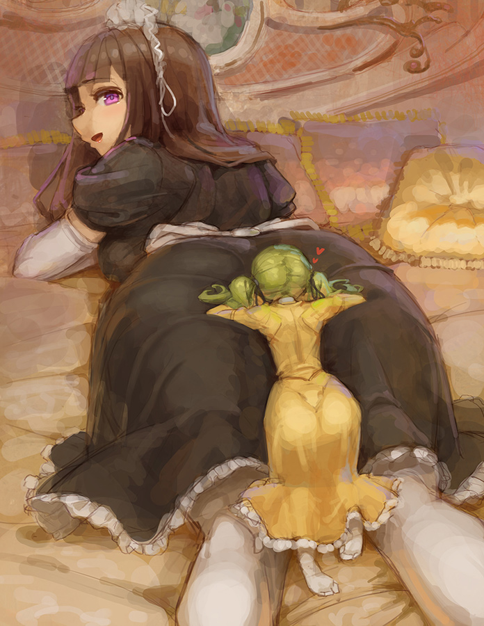 2girls, anus, ass, big ass, female, female only, giantess, kazo, lesbian, maid, multiple females, multiple girls, size difference, wide hips