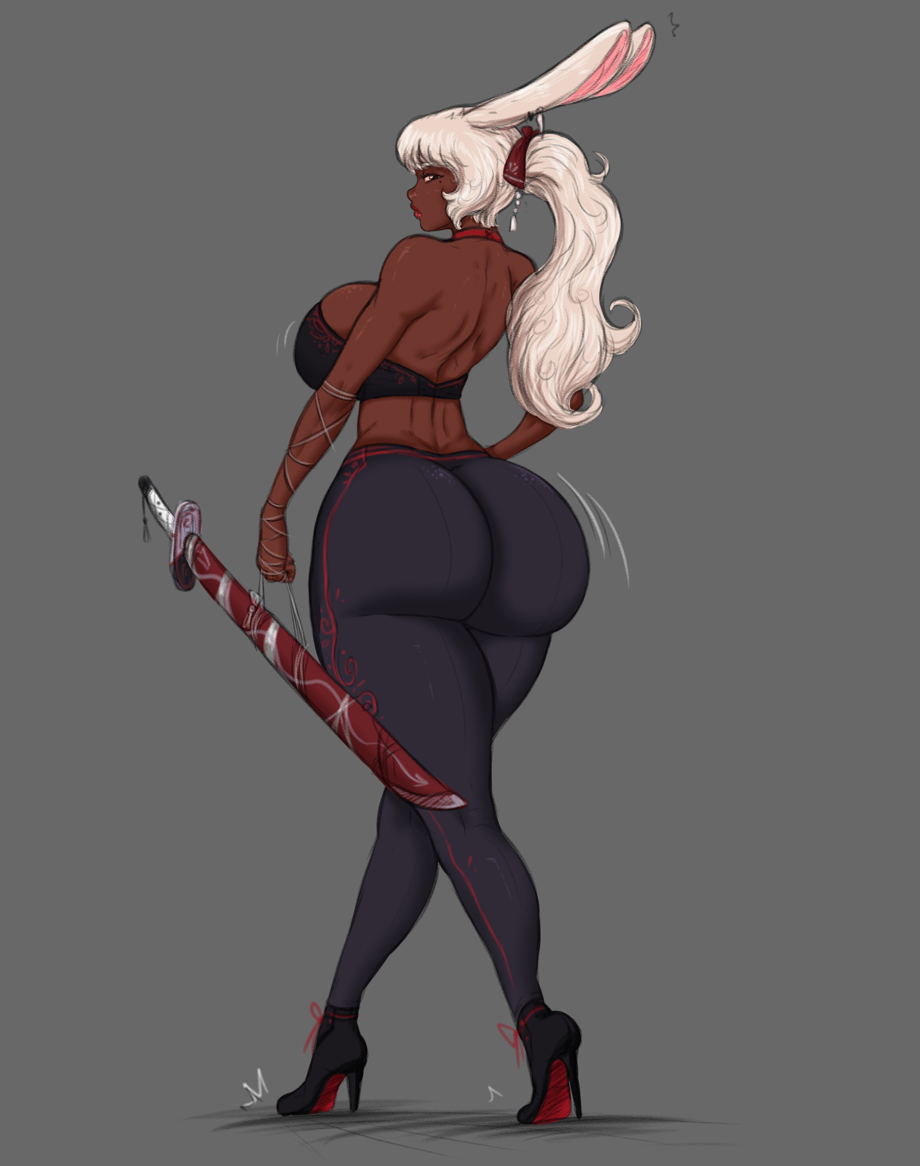 ass, ass shake, big ass, big breasts, breast jiggle, breasts, dark skin, dark-skinned female, female, franktonius, high heels, large ass, ponytail, rabbit ears, sword, thick thighs, white hair