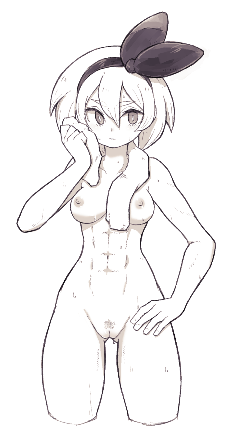 1girls, 2d, abs, areolae, bea (pokemon), breasts, female, female only, human, human only, innie pussy, lamb-oic029, looking at viewer, monochrome, naked, nintendo, nipples, nude, pokemon, pokemon ss, pubic hair, pussy, solo, sweat, thigh gap, wide hips