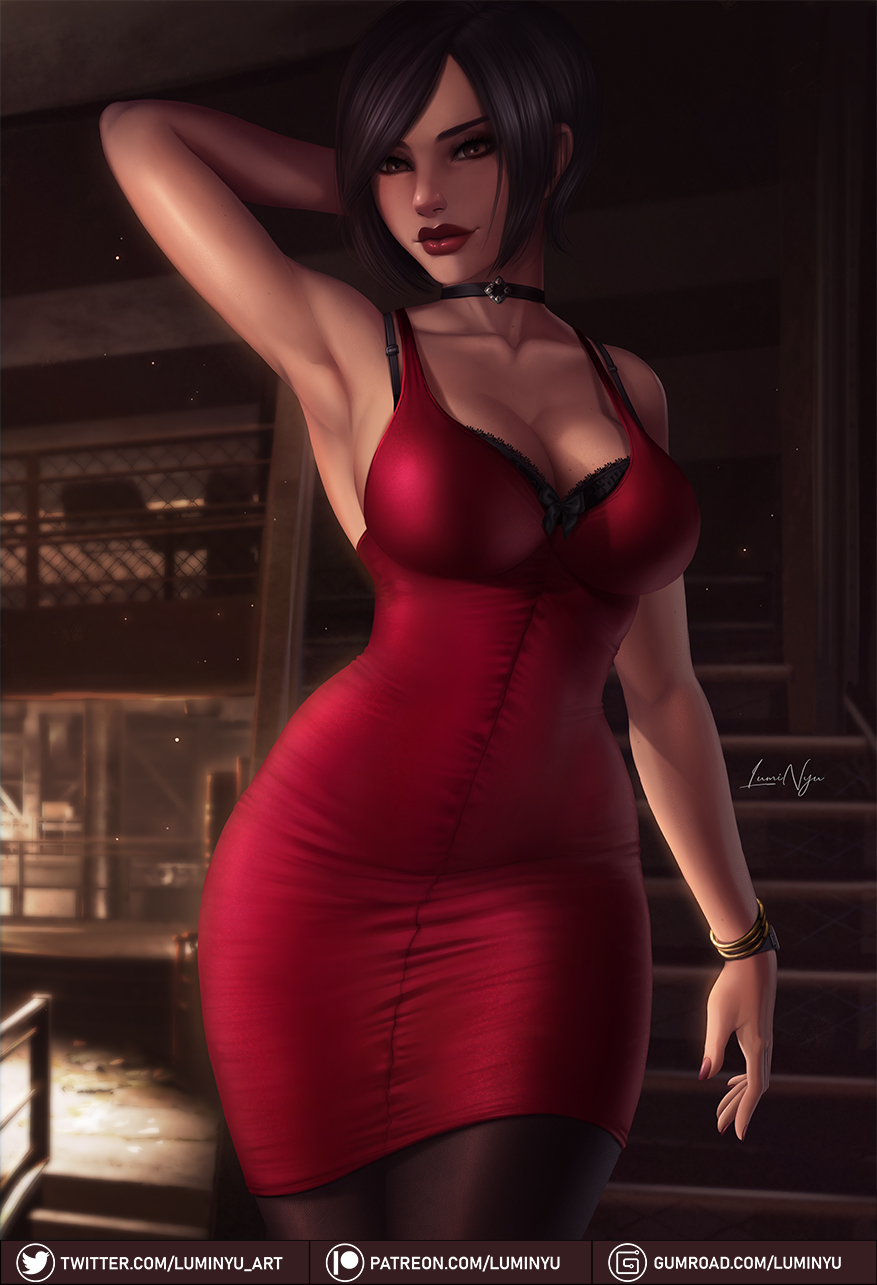 1girls, ada wong, ada wong (adriana), big breasts, biohazard, black hair, breasts, brown eyes, capcom, cleavage, curvaceous, curvy, dress, female, female focus, female only, fully clothed, lips, lipstick, luminyu, makeup, nail polish, nails, pinup, red lipstick, resident evil, resident evil 2, resident evil 2 remake, short hair, solo, solo focus, thick thighs, thighs, tight dress, uncensored