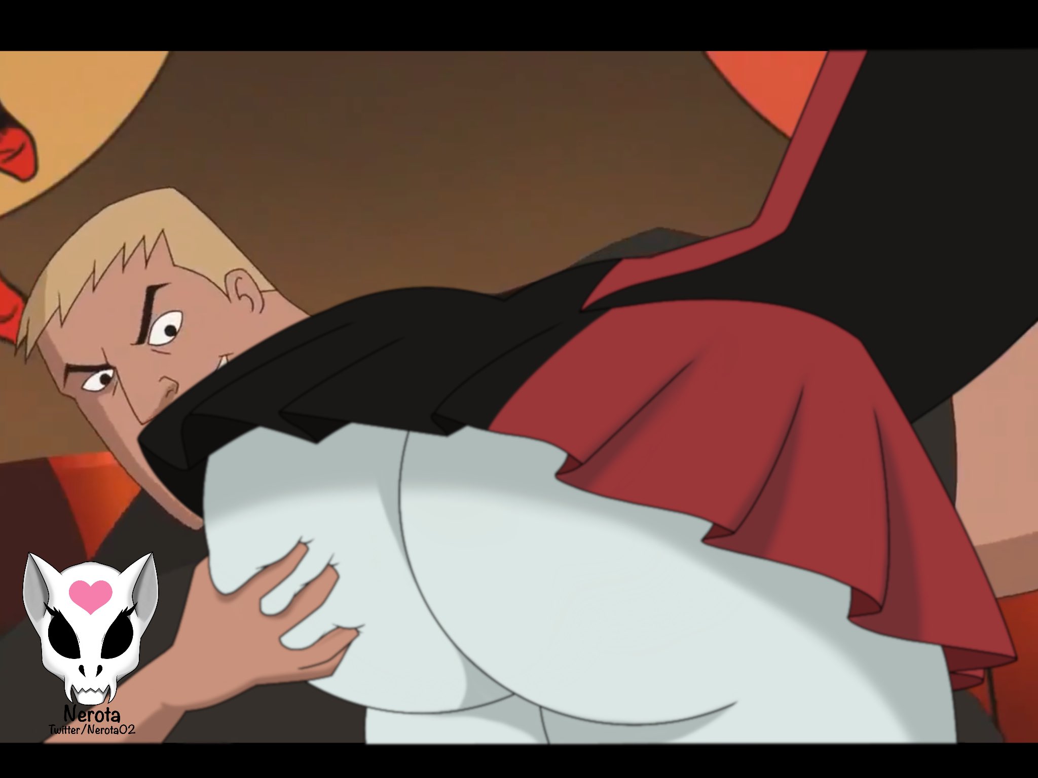 alternate version available, ass, ass grab, batman (series), bending over, bubble ass, bubble butt, conscious, dc, dc comics, dress, edit, female, gigantic ass, groping, harley quinn, male, minidress, multicolored clothes, nude edit, nude filter, photoshop, screen, screen capture, screen face, screencap, screenshot, screenshot edit, third-party edit, white skin
