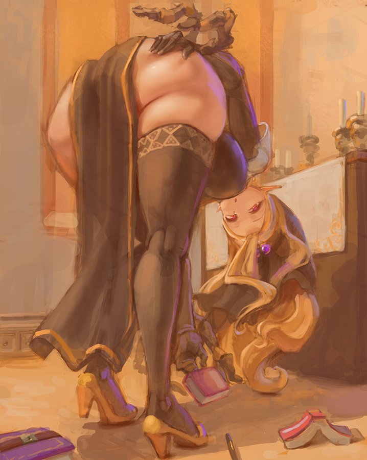 anus, ass, bent over, big ass, blonde hair, heels, kazo, looking at viewer, pointy ears, priestess, wide hips