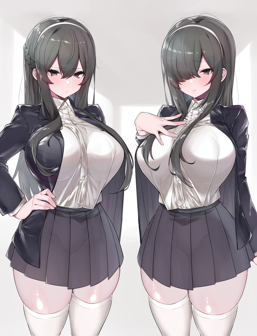2020, 2girls, absurd res, absurdres, big breasts, blush, breasts, dark hair, female, grey eyes, hair between eyes, hair over one eye, hairband, hand on hip, hi res, highres, huge breasts, looking at viewer, mitsudoue, multiple females, multiple girls, school uniform, schoolgirl, skirt, tagme, thick thighs, thighhighs, twins
