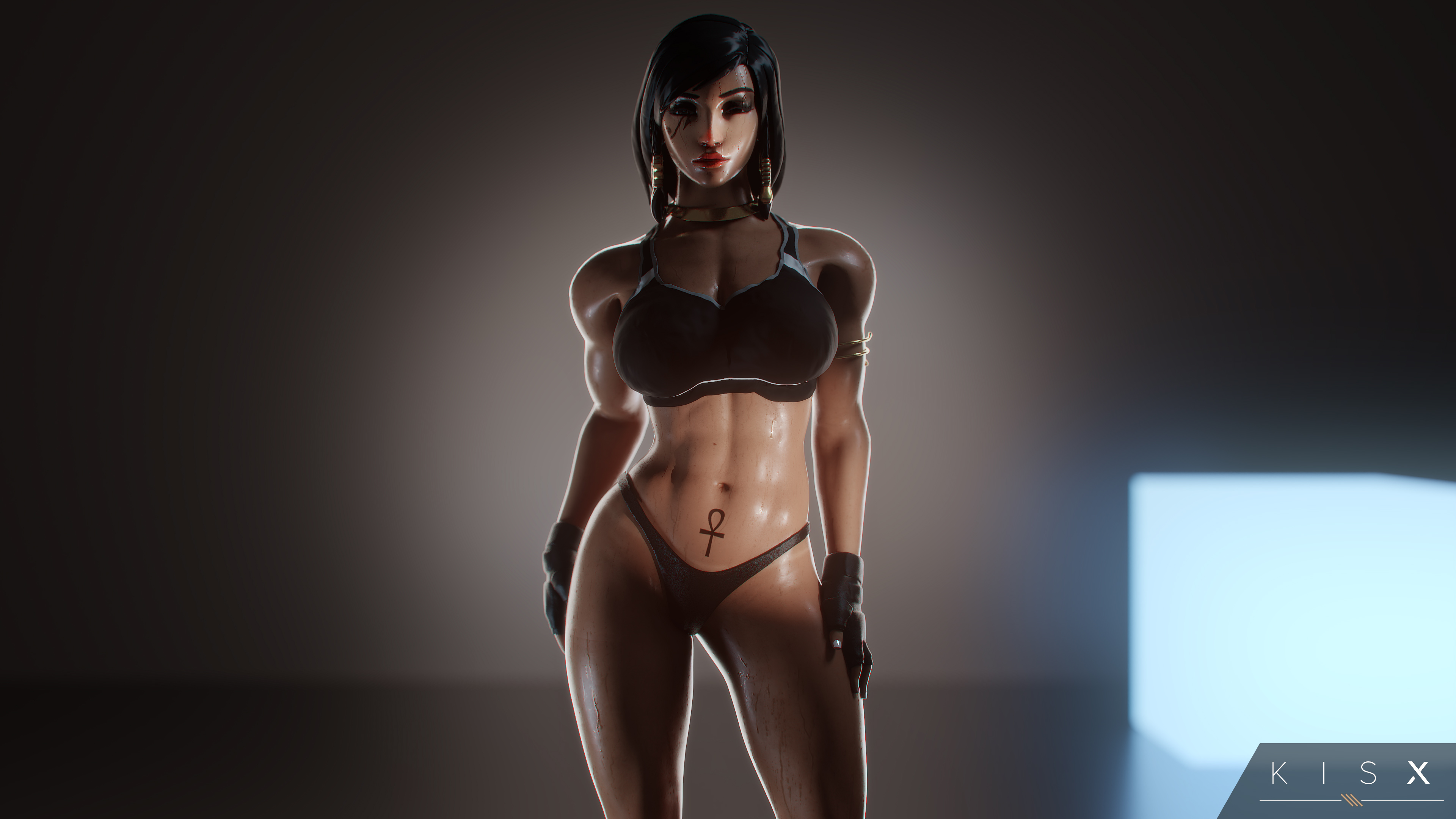 1girls, 3d, abs, absurdres, big breasts, blender, breasts, cleavage, dark skin, dark-skinned female, female, female only, highres, kisxsfm, large breasts, muscles, muscular, muscular female, overwatch, pharah, solo, sweat, wallpaper