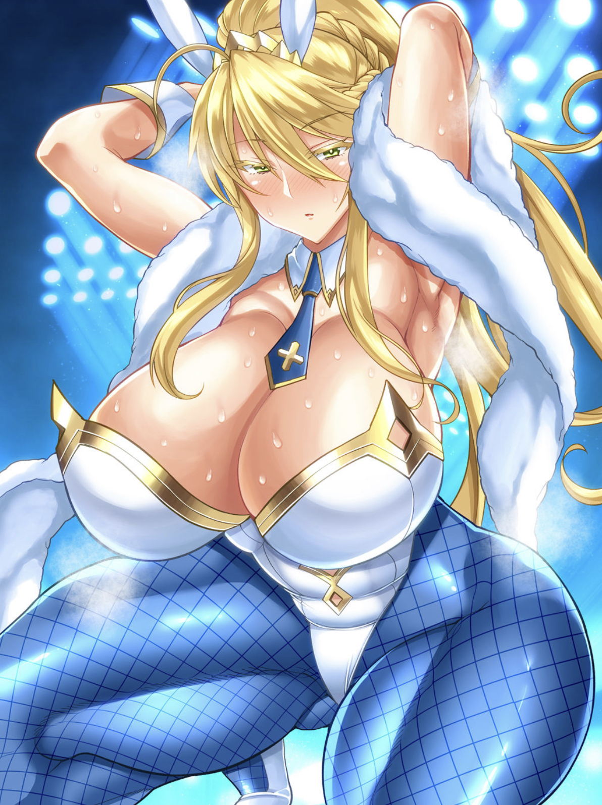 1girls, armpits, arms behind back, artoria pendragon, artoria pendragon (lancer), artoria pendragon (swimsuit ruler), ass, blonde hair, breasts, bunny ears, bunny girl, dorachefu, fate (series), fate/grand order, female, fishnets, huge ass, huge breasts, looking at viewer, sweat, thick thighs, tie