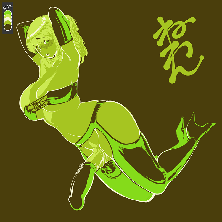 arms behind head, arms up, balls, big balls, big breasts, big penis, breasts, cock sleeve, cock sleeve (clothes), futa only, futanari, high heels, intersex, looking at viewer, neone-x, on knees, penis, setako (neone-x), simple background, small waist, thick thighs, wide hips