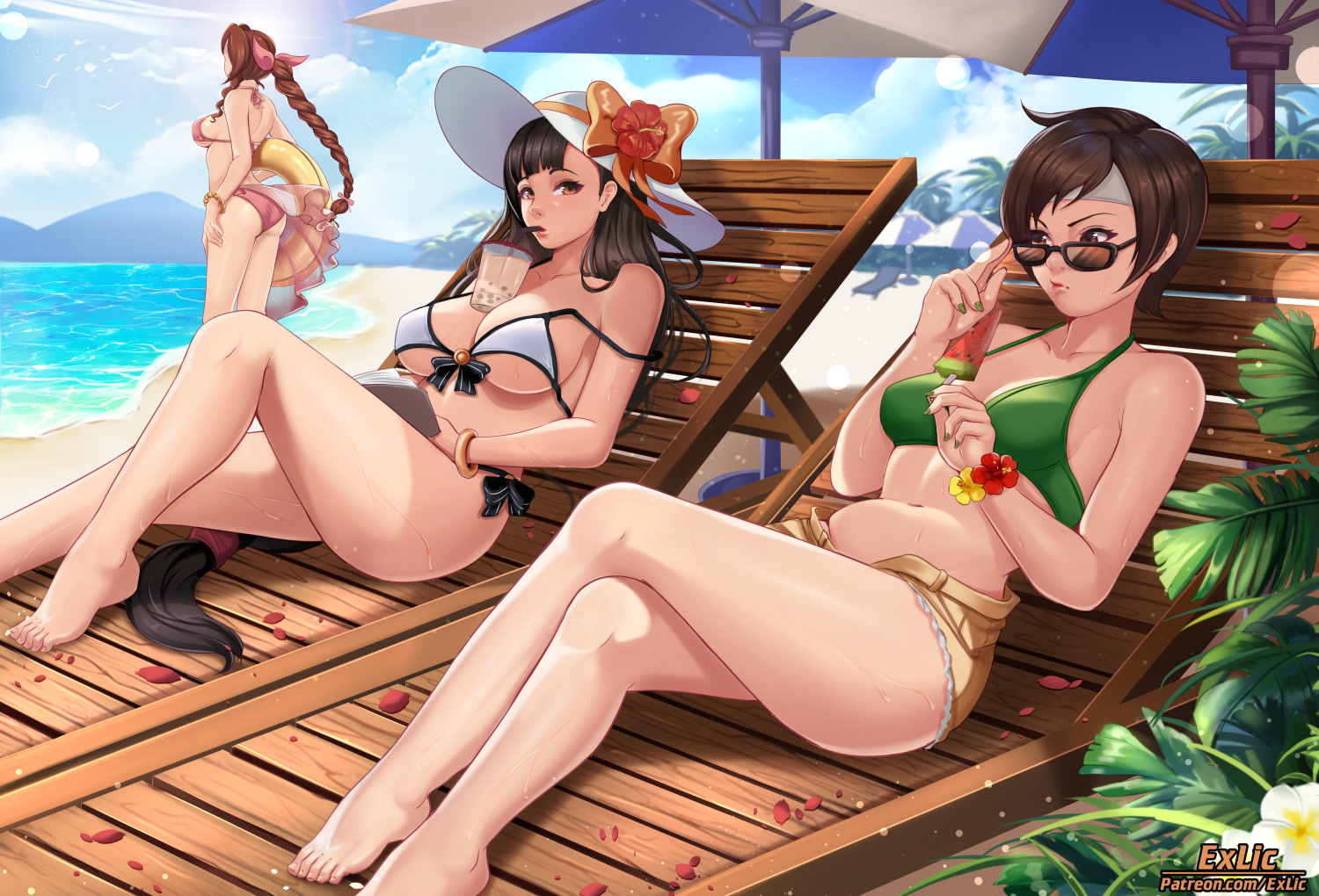 3girls, adjusting eyewear, adjusting glasses, aerith gainsborough, artist name, beach, big breasts, bikini, black hair, breasts, brown hair, brown-tinted eyewear, cleavage, exlic, female, female only, final fantasy, final fantasy vii, hair, long hair, looking over eyewear, looking over glasses, multiple females, multiple girls, patreon, square enix, sunglasses, tifa lockhart, tinted eyewear, url, yuffie kisaragi