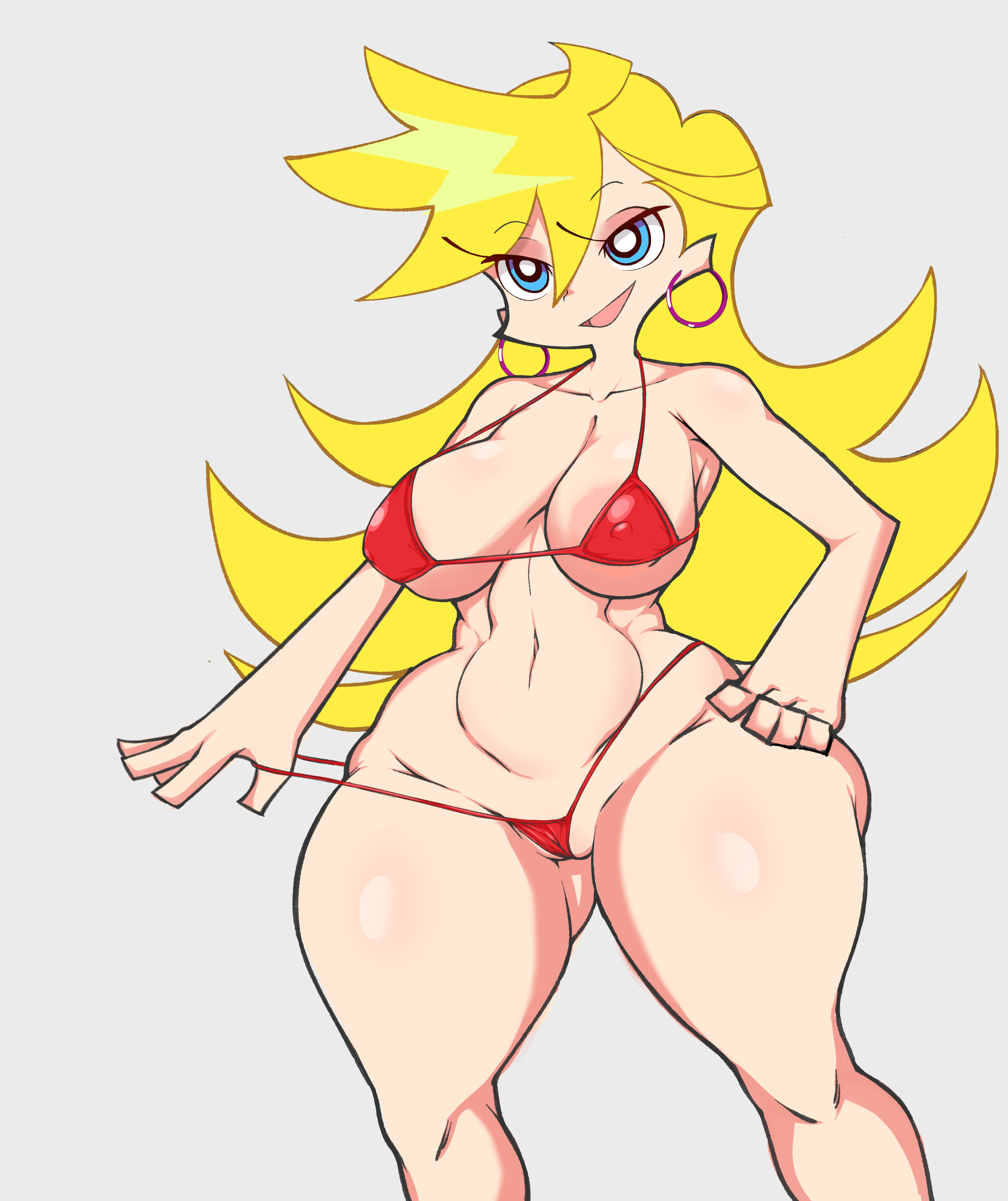 10s, 1girls, areolae, ass, between labia, bikini, blonde hair, blue eyes, breasts, female, grey background, hair between eyes, hand on hip, huge ass, innie pussy, large breasts, long hair, looking at viewer, open smile, panty & stocking with garterbelt, panty anarchy, pussy, red bikini, red thong, sideboob, solo, spiky hair, swimsuit, thanuki, thanukiart, thick thighs, thighs, thong, thong pull, underboob