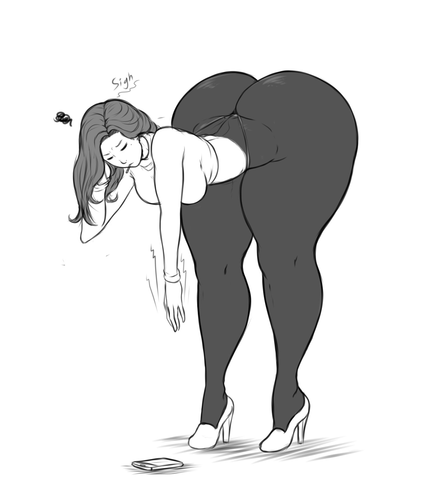 annoyed, ass, ass body, bent over, big ass, bottom heavy, cigarette, exercise, female, franktonius, heels, highleg, highleg panties, hyper ass, hyper hips, hyper thighs, long legs, monochrome, object in mouth, phone, sigh, skin tone mismatch, solo, thick thighs, two-tone skin, voluptuous