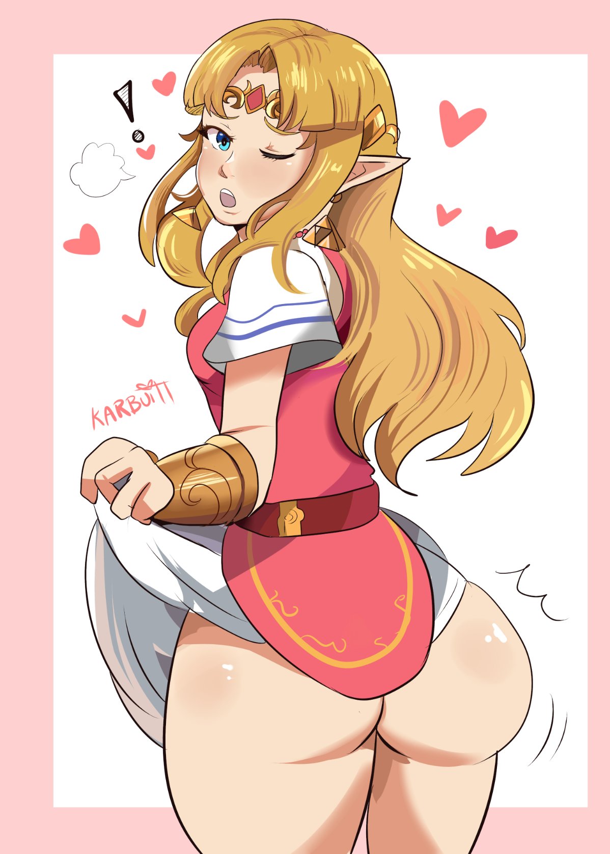1girls, a link to the past, ass, ass focus, big ass, blonde hair, blue eyes, dress, dress lift, earrings, female, female only, fully clothed, hearts, karbuitt, lifting skirt, light skin, light-skinned female, looking at viewer, looking behind, nintendo, one eye closed, open mouth, pointy ears, pov, pov eye contact, presenting ass, presenting butt, princess, princess zelda, showing off, showing off ass, solo female, the legend of zelda, thighhighs, tiara, triforce earrings, wink, winking, zelda (a link between worlds), zelda (a link to the past)