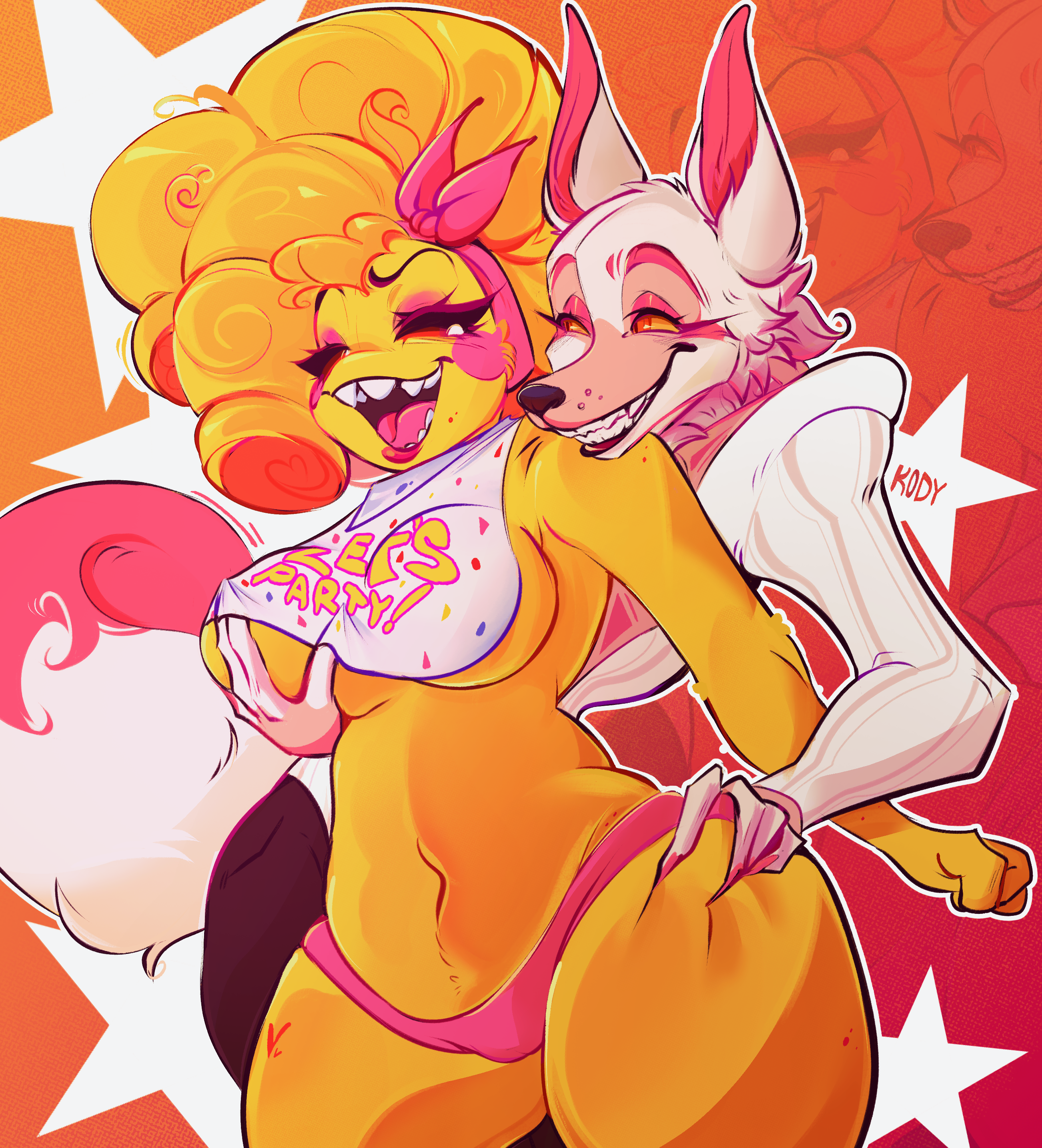 2girls, anthro, breasts, clothing, cute, female/female, five nights at freddy's, fnaf, fnaf 2, furry, kodylikesyou, mangle (fnaf), panties, pants, tagme, tagme (artist), touching breast, toy chica (fnaf), under clothes, underboob