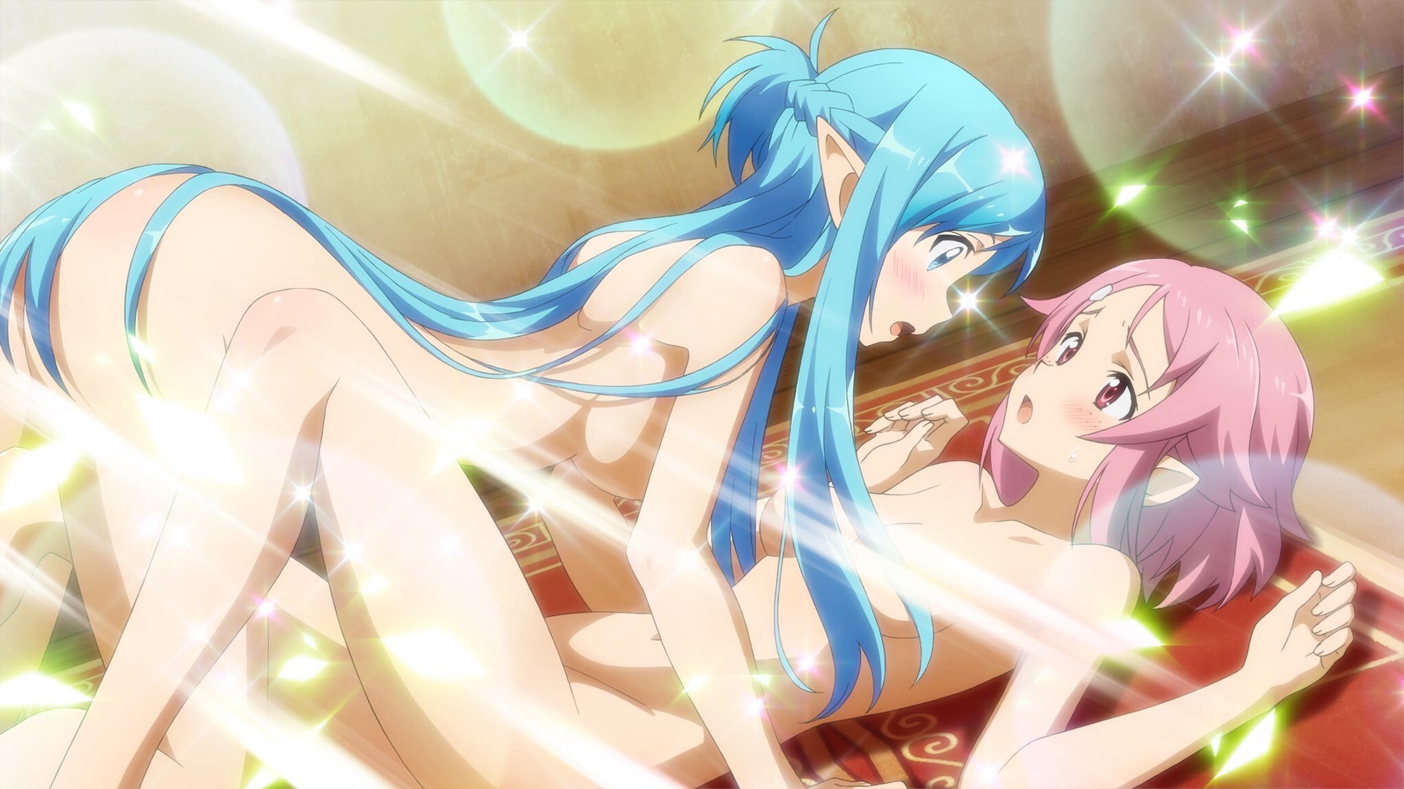 2girls, alfheim online, all fours, ass, asuna (sao-alo), blue eyes, blue hair, breasts, cleavage, collarbone, dutch angle, eye contact, fanservice, female, female only, hair censor, highres, indoors, large breasts, lisbeth, long hair, looking at another, lying, medium breasts, multiple females, multiple girls, navel, nude, official art, on back, open mouth, pink hair, pointy ears, red eyes, shinozaki rika, short hair, sideboob, sword art online, underboob, very long hair, wooden floor, yuri, yuuki asuna