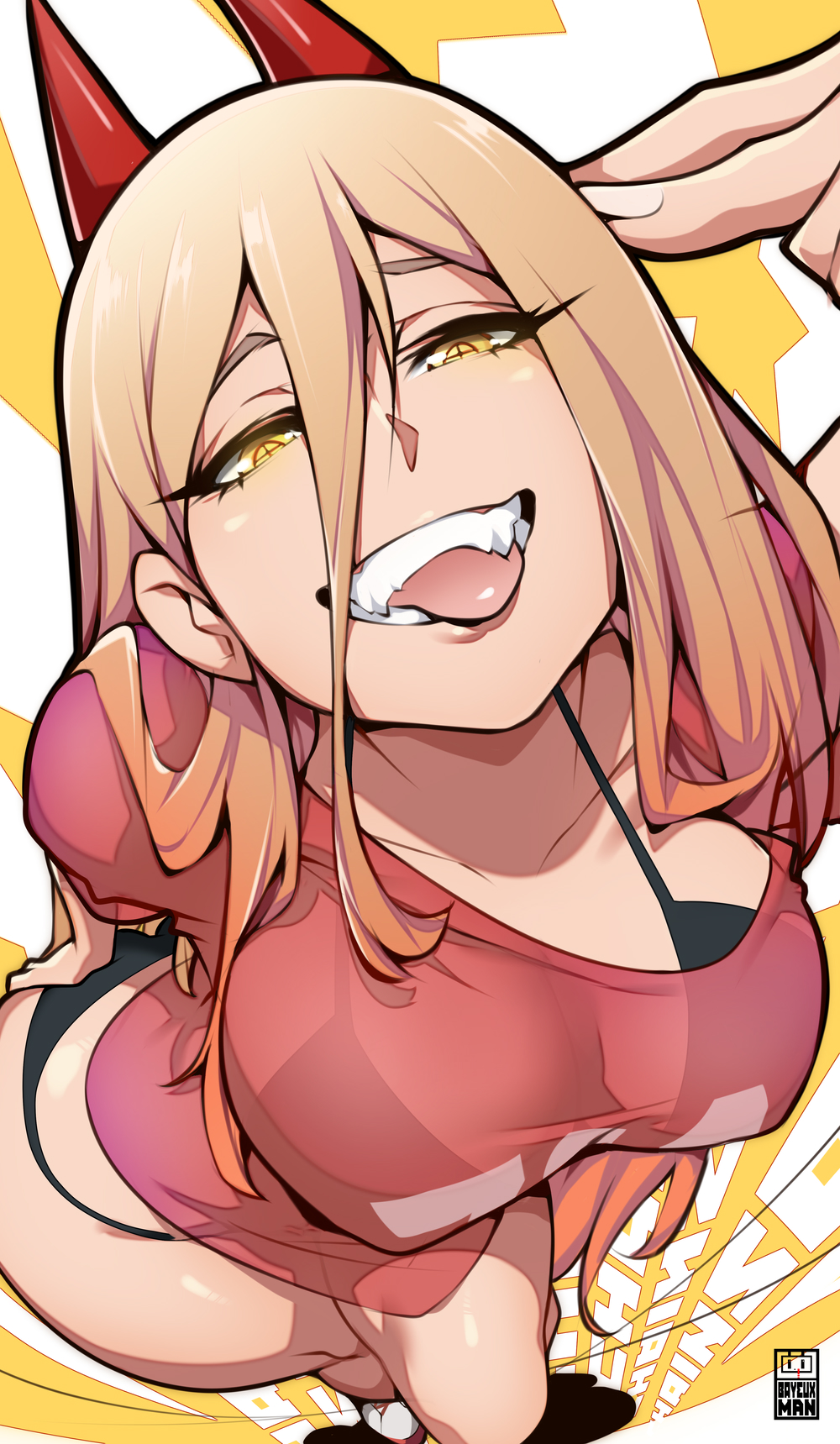 1girls, bayeuxman, blonde hair, breasts, chainsaw man, demon, demon girl, female, hi res, horns, large breasts, light skin, light-skinned female, long hair, naughty face, power (chainsaw man), thick thighs, tongue, tongue out, wide hips