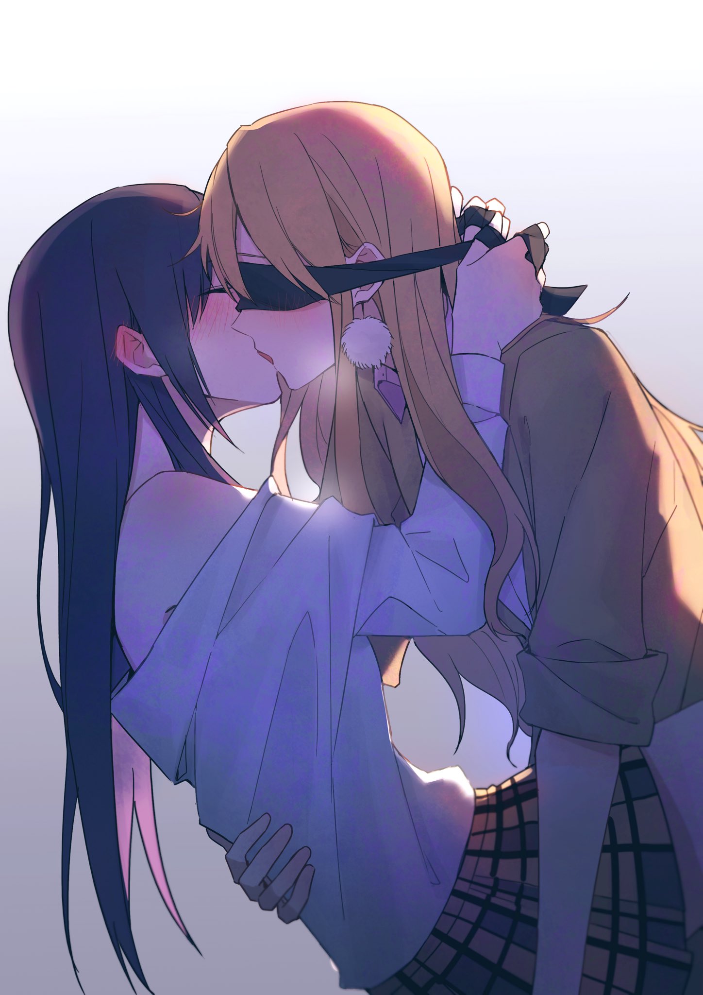 aihara mei, aihara yuzu, black hair, blindfold, blonde hair, blush, citrus (saburouta), clothed, clothing, gradient background, huakuiliehuo, incest, kissing, sisters, step-incest, step-sisters, tying blindfold, yuri