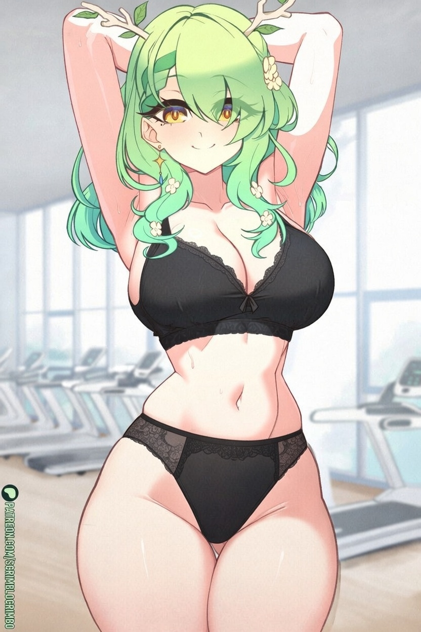 big breasts, bra, breasts, ceres fauna, edit, female, green hair, hololive, hololive english, hololive english -council-, hololive english -promise-, panties, pov, scrimblocrimbo, sweatpants, text, thick thighs, virtual youtuber
