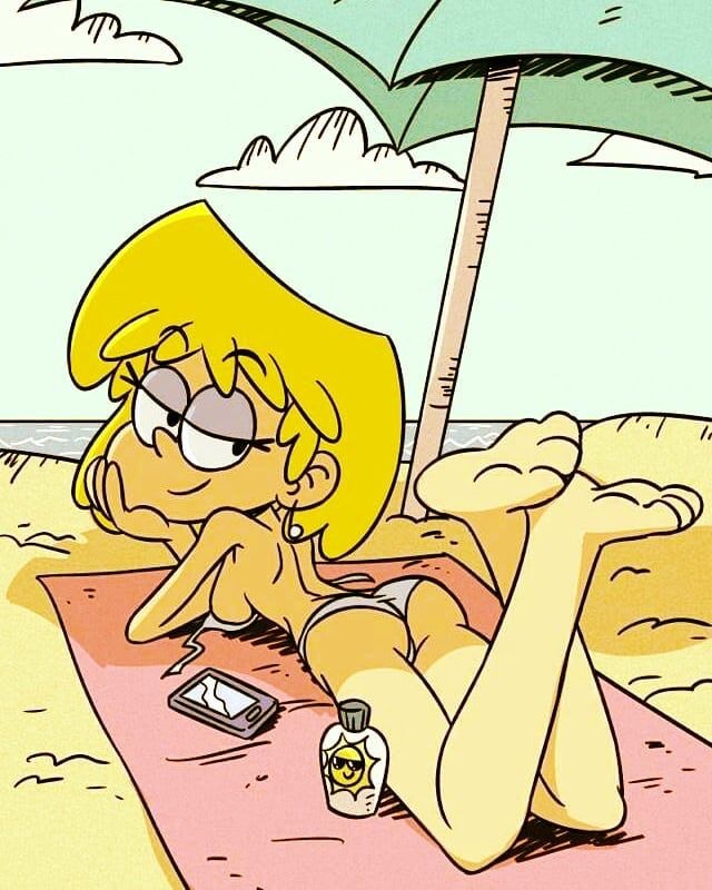 1girls, ass, back, barefoot, beach, bedroom eyes, bikini, blonde hair, breasts, cellphone, feet, female, female only, half-closed eyes, legs up, looking at viewer, looking back, lori loud, on stomach, outdoors, seductive, sideboob, smile, solo, straight hair, the loud house, towel