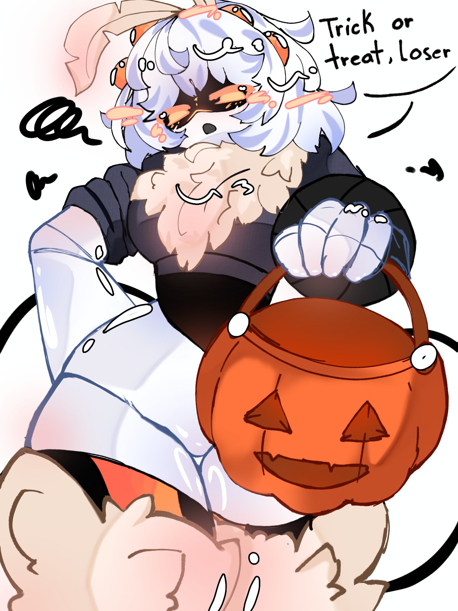 android girl, big breasts, female, female only, fluffy fur, halloween costume, moth girl, murder drones, speech bubble, sxpyyybxerrry, v (murder drones)