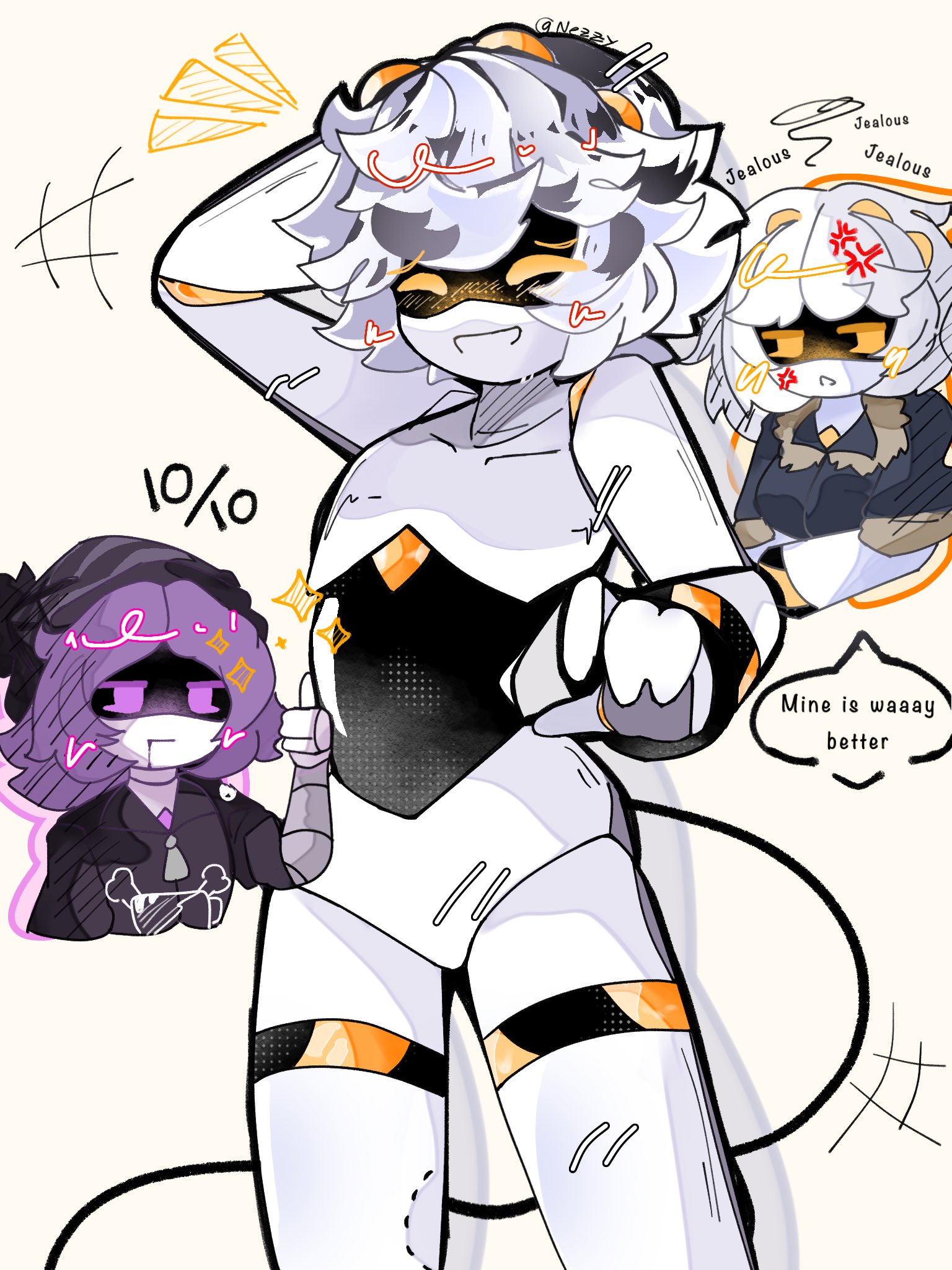 2girls1boy, android boy, android girl, dialogue, jealous, murder drones, n (murder drones), naked male, sxpyyybxerrry, uzi (murder drones), v (murder drones)