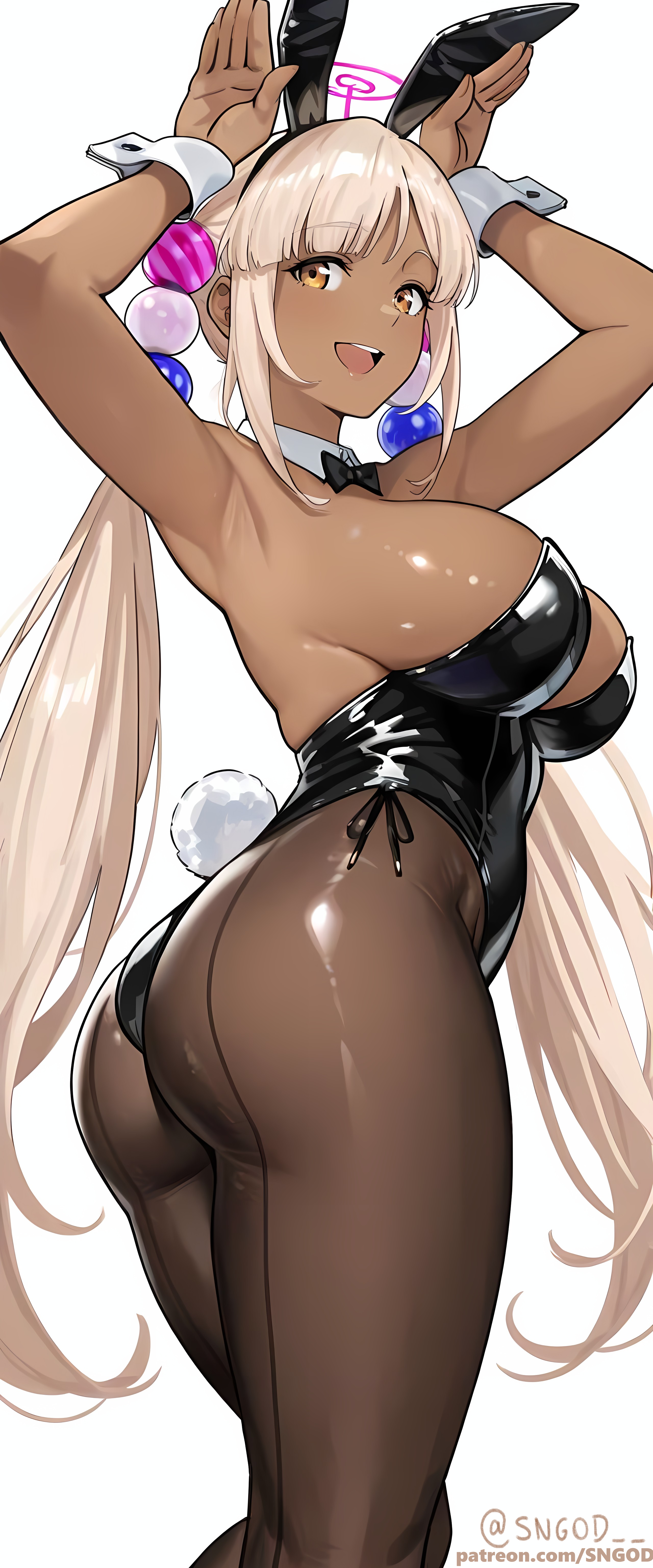 1girls, ai generated, ass, big breasts, breasts, bunny ears, bunny girl, bunnysuit, clothed, dark skin, dark-skinned female, female, hololive, hololive english, hololive english -council-, sngod, solo, tsukumo sana, virtual youtuber, vtuber, white background, yellow eyes