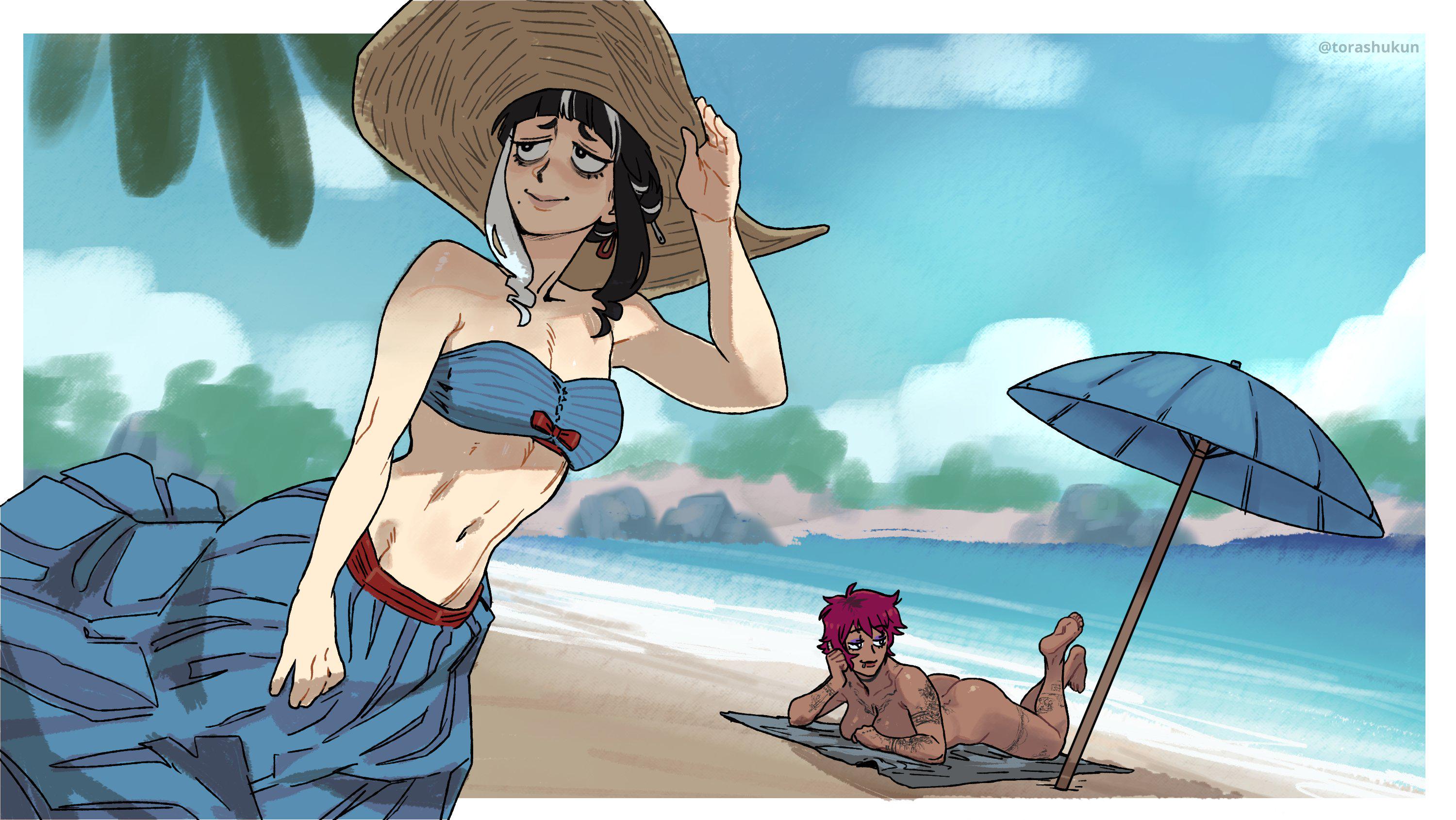 2girls, artist name, ass, beach, big breasts, bikini, black and white hair, breasts, casual nudity, clothed female, clothed female nude female, dark skin, droopy ears, eyebrows visible through hair, eyeshadow, female, female focus, female only, gangle (the amazing digital circus), gijinka, glitch productions, hat, human, humanization, humanized, laying on stomach, light-skinned female, lip piercing, non-binary, nude, nude beach, nude sunbathing, nudism, nudist, nudist beach, pale-skinned female, piercing, red hair, shirt, short hair, sunbathing, tanned, tanned female, tattoo, tattoos, tattoos everywhere, the amazing digital circus, tomboy, torashu-kun, two-tone hair, umbrella, watermark, white border, zooble (the amazing digital circus)