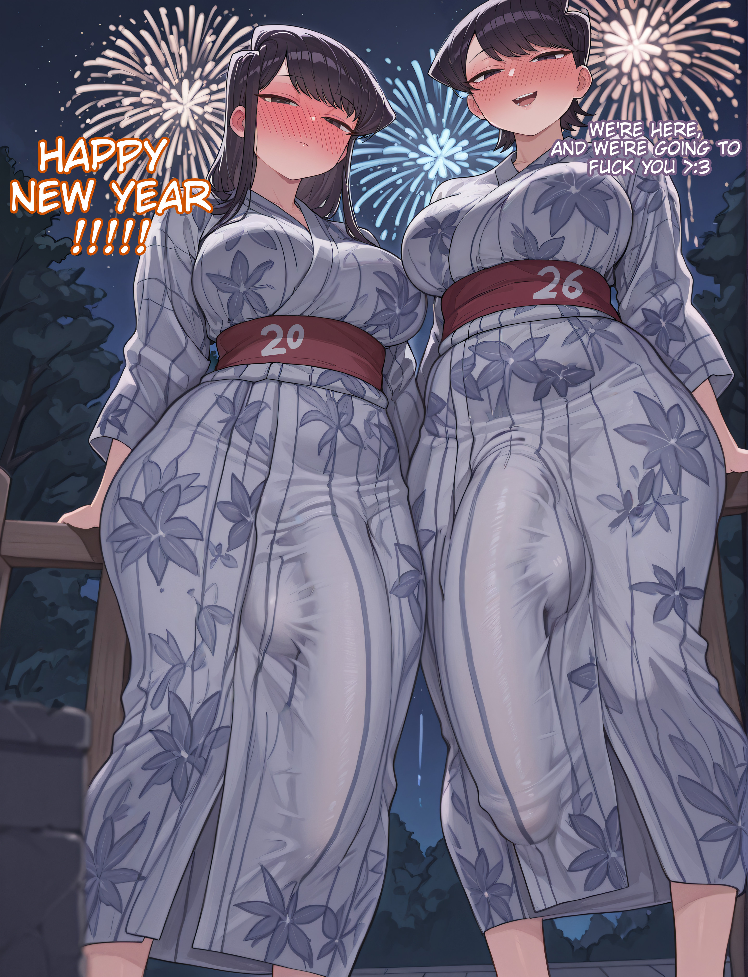 1futa, 2026, 2futas, ai generated, balls, big ass, big balls, blush, breasts, futa only, futanari, grapesss, huge cock, komi shouko, komi shuuko, komi-san wa komyushou desu, large penis, new year, penis, testicles, thighs, uncensored
