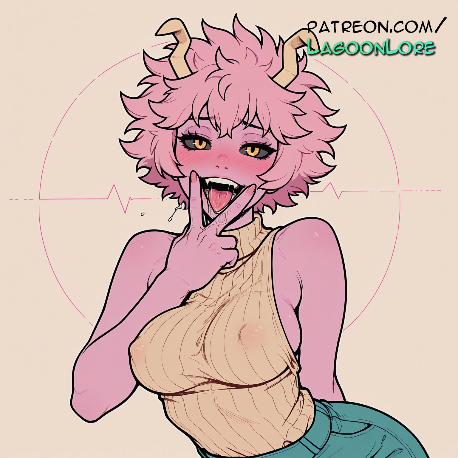 1girls, ai generated, artist name, ashido mina, bare shoulders, black sclera, blush, boku no hero academia, breasts, bust, chest, colored sclera, colored skin, covered nipples, exposed nipples, female, hi res, highres, horns, lagoonlore, leash, looking at viewer, mina ashido, my hero academia, nipples, nipples outside, open mouth, patreon, patreon username, pink hair, pink skin, pink-haired female, short hair, solo, sweater, tongue, tongue out, watermark, yellow eyes