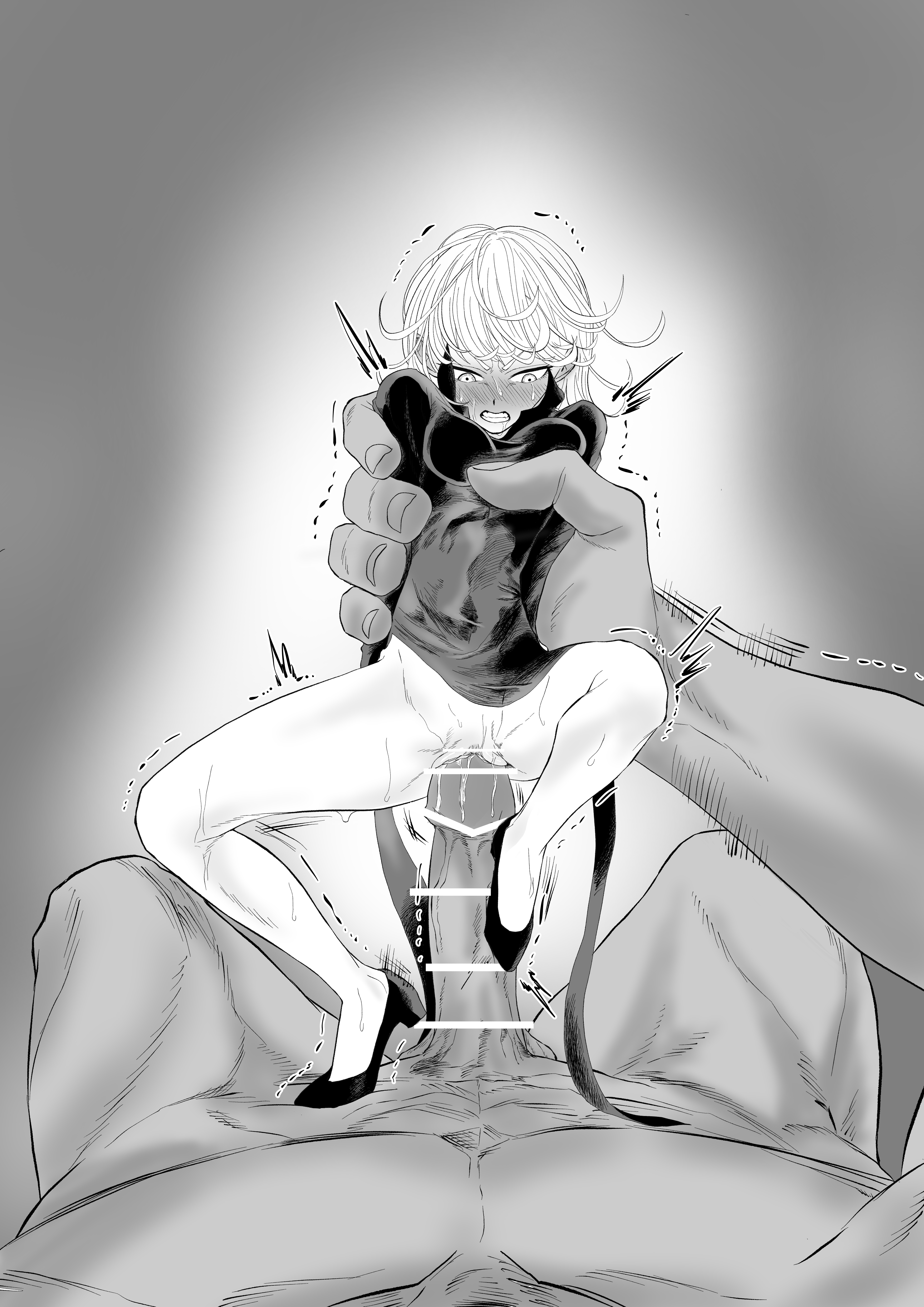 1boy, 1girls, female, fuhrer ugly, green hair, male, monochrome, monster, one-punch man, penis, size difference, tatsumaki