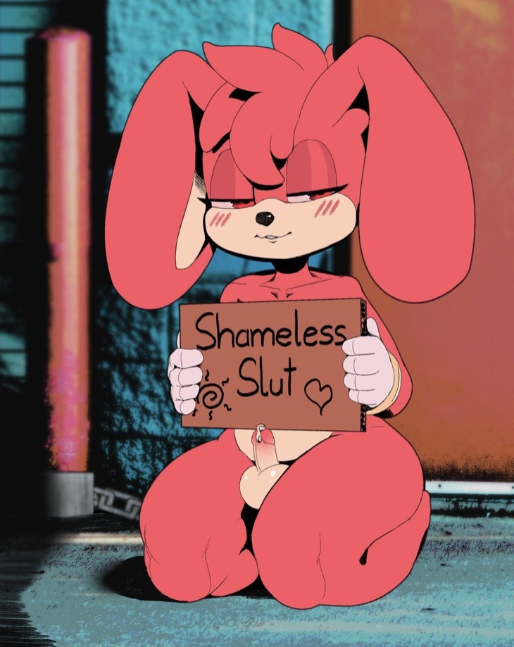 1boy anthro coco_(picturd) english_text erection furry half-closed_eyes holding_sign kneeling male male_only nude original picturd pink_fur precum small_penis smile solo text