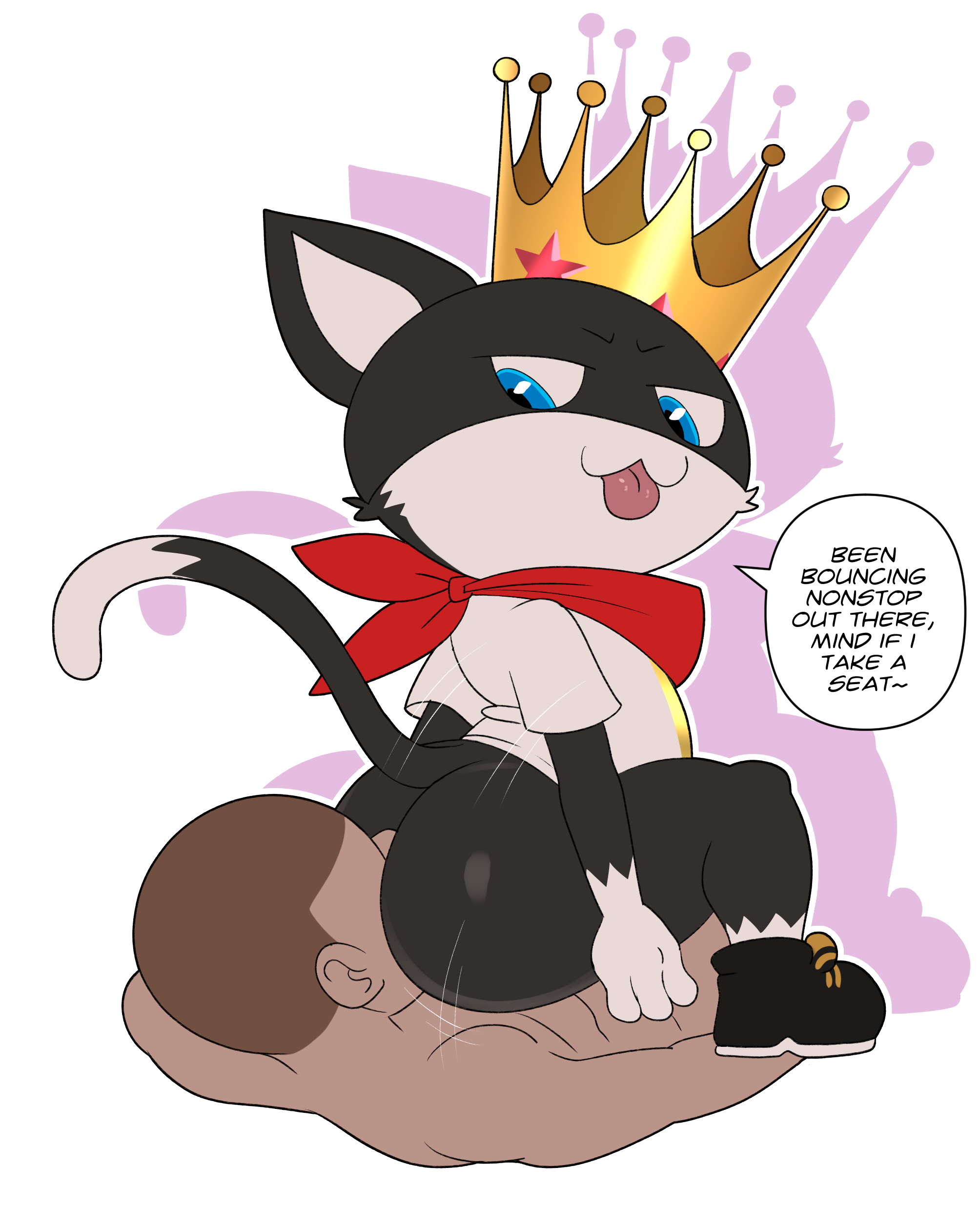 absurd res, ambiguous gender, anal, anthro, ass, atlus, bottomless, brown hair, cheek tuft, clothed, clothing, crown, dialogue, dipstick tail, domestic cat, english text, faceless male, facesitting, facial tuft, fan character, felid, feline, felis, footwear, fur, gloves (marking), hair, hi res, human, human on anthro, interspecies, jerseydevil, looking back, lying, male, male only, mammal, markings, megami tensei, megami tensei persona, morgana (persona), multicolored body, multicolored fur, multicolored tail, on back, oral, persona, persona 5, persona 5: dancing star night, raised tail, rimming, sex, shoes, size difference, text, tongue, tongue out, tuft, two-tone body, two-tone fur, video games