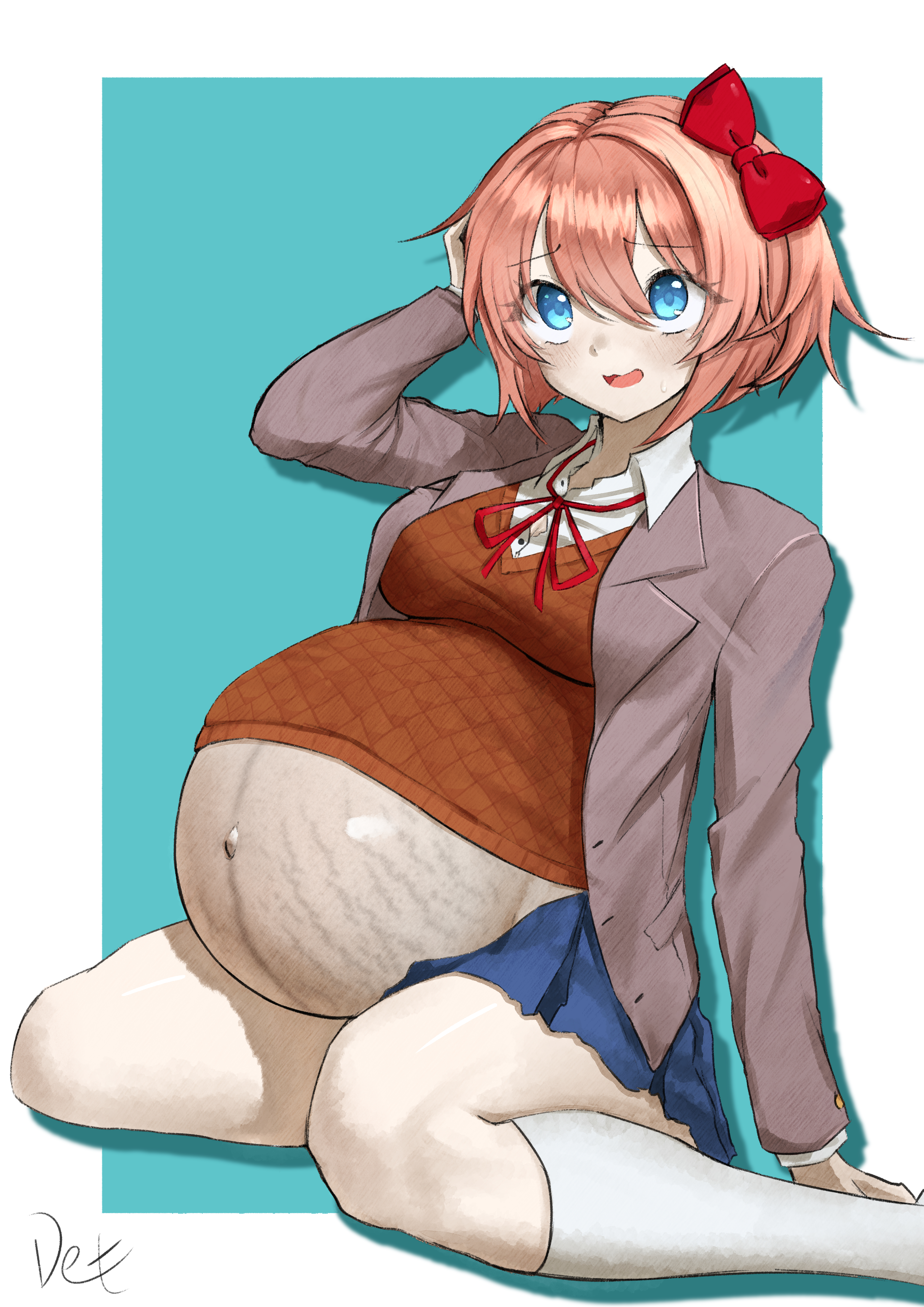 1girls, bare belly, big belly, bloated belly, blue eyes, blush, bow, clothed, clothing, det, doki doki literature club, female, female only, hyper pregnancy, linea nigra, navel, orange hair, outie navel, pregnant, sayori (doki doki literature club), school uniform, stretch marks, wardrobe malfunction