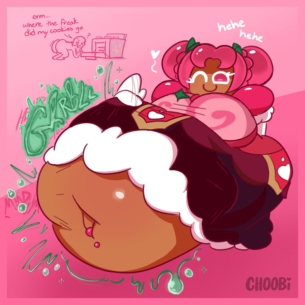 background, background character, big pred, choobi, cookie run, cookie run kingdom, dumptruck ass, eternal sugar cookie, gurgling, gurgling noise, hollyberry cookie, hyper, hyper belly, oven, satisfied, satisfied smile, searching, small prey, sound effects, struggling, struggling prey, tagme, tagme (artist), vore, vore belly, voregut